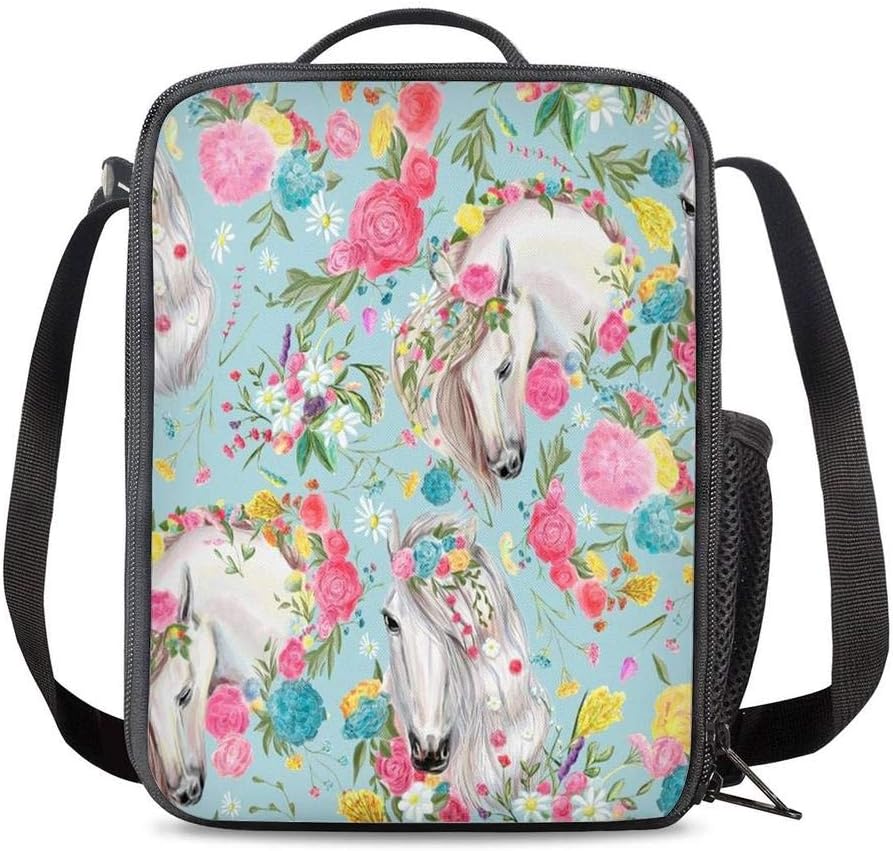 KiuLoam Fantasy Flower Horse Kids Small Lunch Box Children's Insulated Lunch Bag with Zipper Shoulder Strap Cooler Lunch Tote for Boys Girl Preschool Office Picnic