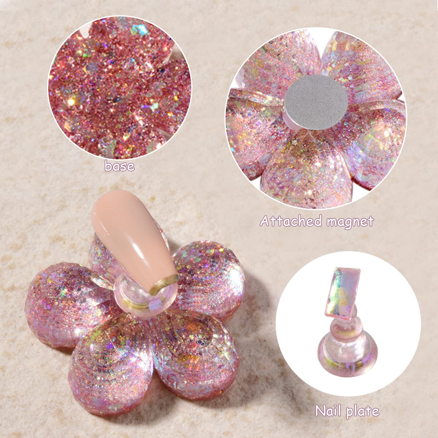10 pièces de support d'art d'ongle magnétique rose, support de peinture d'ongle, présentoir d'art d'ongle, outil de pratique de faux ongles, avec 3 bases, 16 morceaux d'adhésif