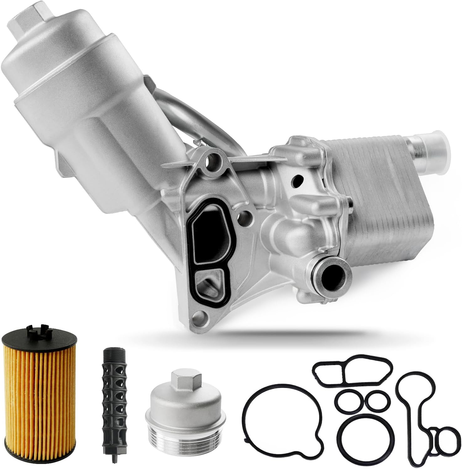 Upgrade Aluminum Engine Oil Cooler Filter Housing Assembly Adapter with Insert, Gasket, Cap Compatible with 2011-2021 Chevy Cruze Sonic Trax, Buick Encore 1.4L Turbo Replace 918-428 55566784 55565388