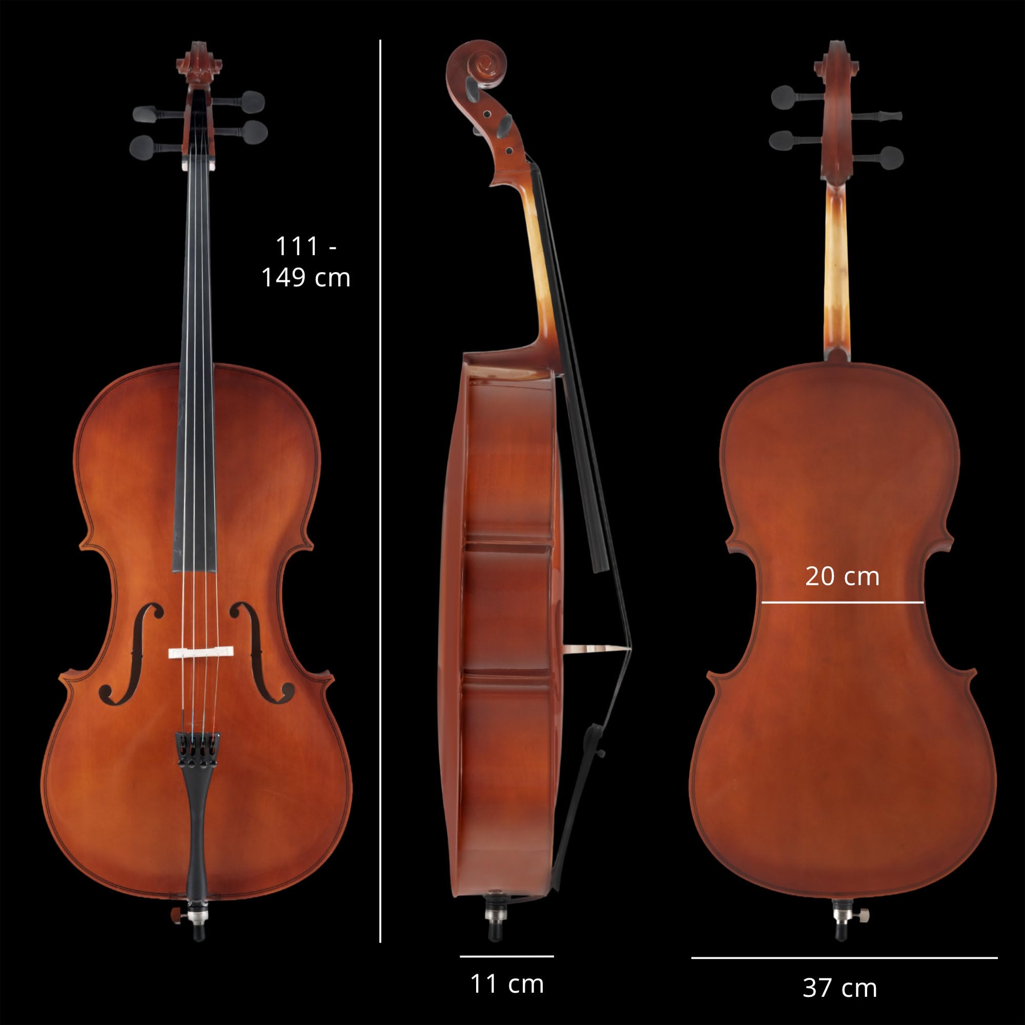 Classic Cantabile CP-100 1/2 Cello Set, Decke: Fichte, Boden, Zargen | Hals, Griffbrett, Wirbel und Steg: Ahorn, Saitenhalter aus Karbon, Vier Feinstimmer, Höhenverstellbarer Stachel, Größe: 1/2