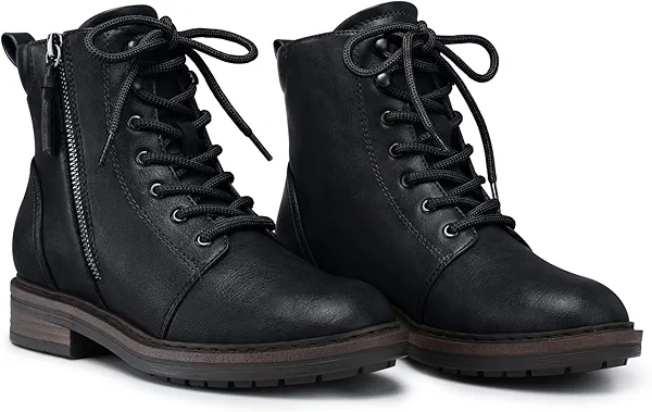SHIBEVER Combat Ankle Boots Women: Lace-up Fall Boots for Women 2025 Flat Causal Lug Sole Zipper Leather Short Booties