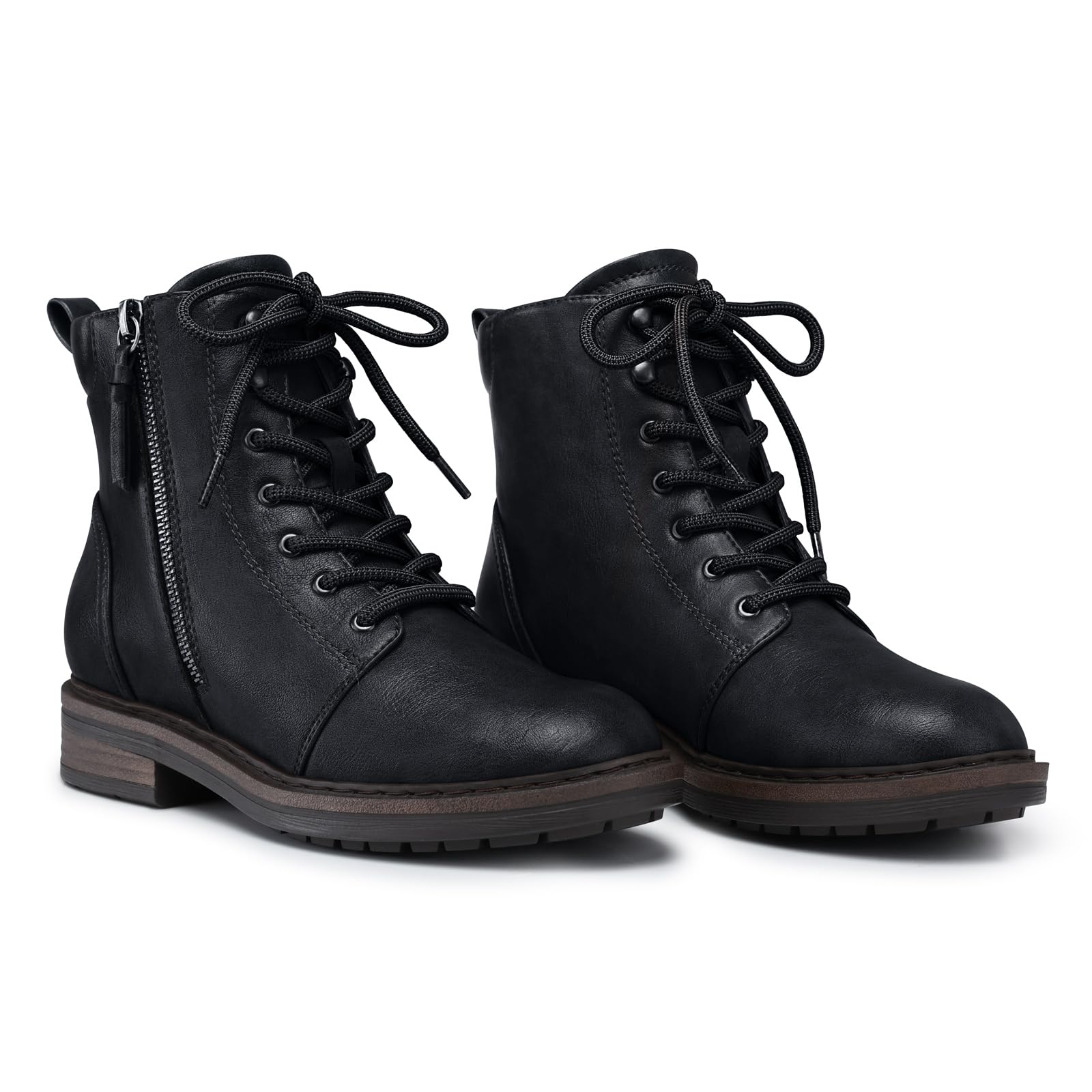 SHIBEVER Ankle Boots for Women Comfortable Lace-up Fall Fashion Combat Boots 2025 Low Heel Lug Sole Zipper Short