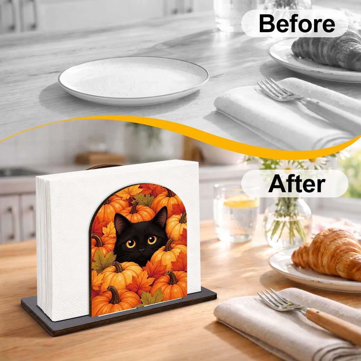 Fall Decor Pumpkin Black Cat Wooden Napkin Holder for Table Autumn Cute Cat Wood Napkin Dispenser Halloween Thanksgiving Fall Decorations for Home Kitchen Dining Room Napkins Tissue Holder