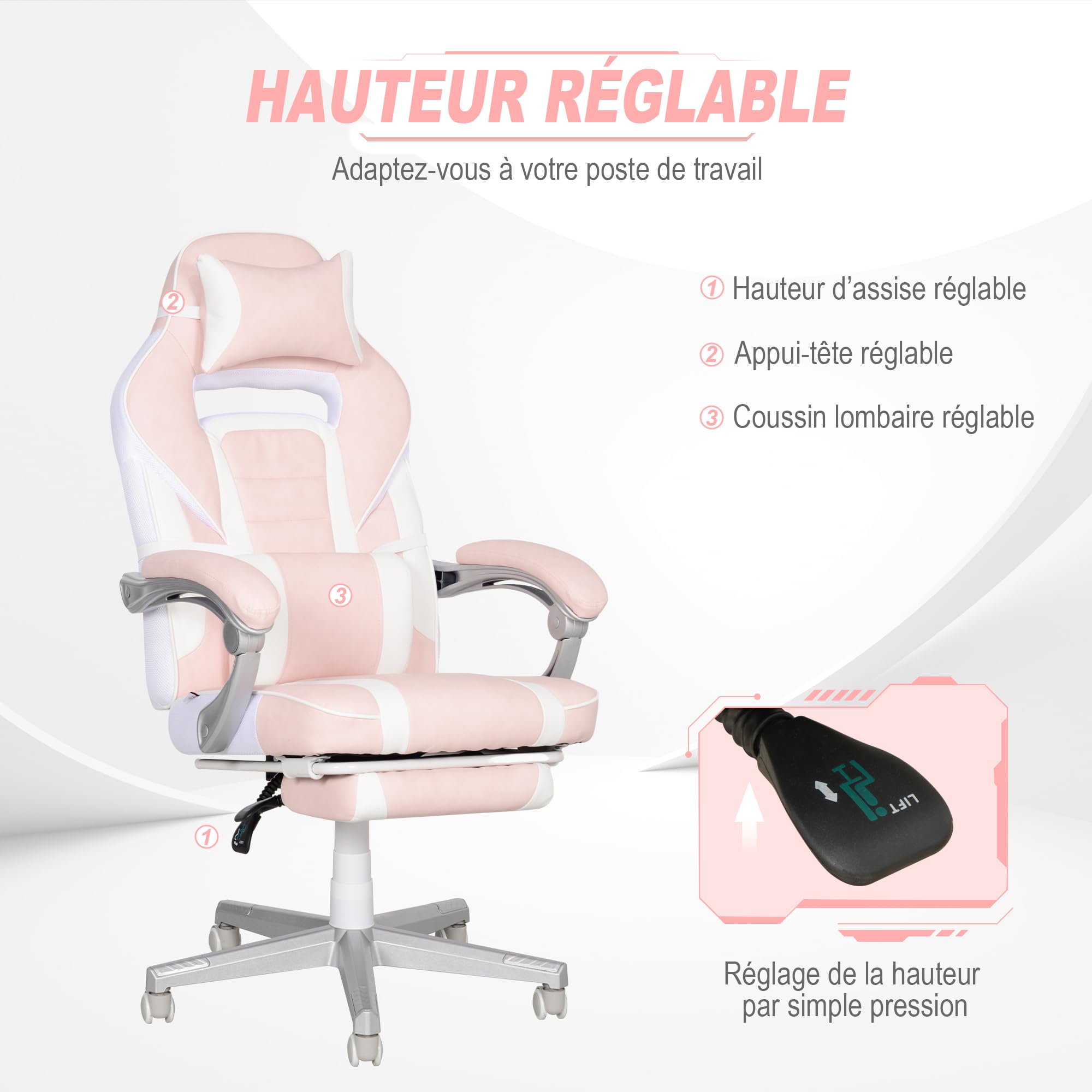 HOMCOM Chaise Gaming avec Repose-Pieds, Hauteur Réglable, Appui-Tête, Rose