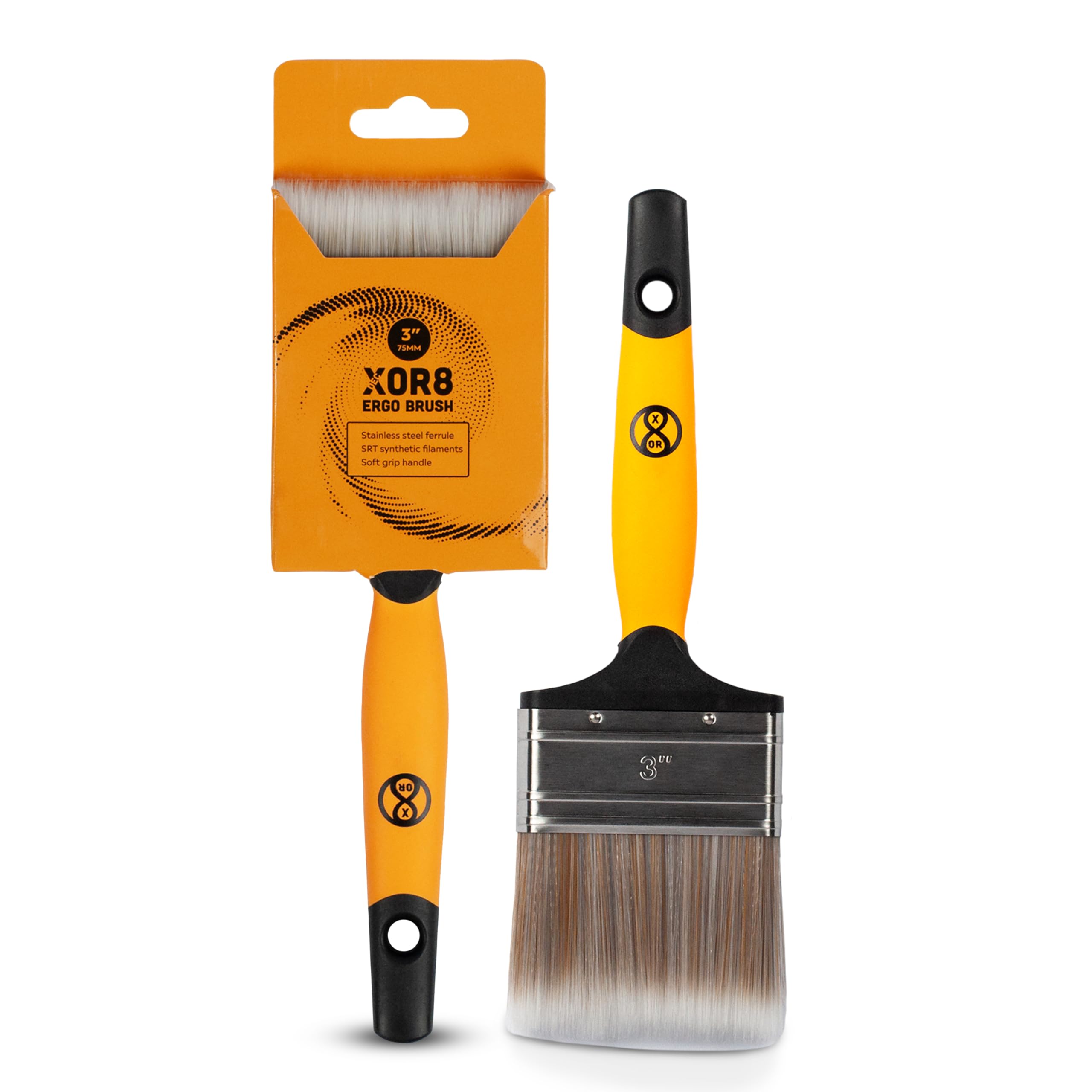 XOR8 Ergo Brush 3” (75mm) | Soft Grip Handle Paint Brush with Stainless Steel Ferrule & SRT Synthetic Filaments | Premium Paintbrush for Smooth & Precise Application, Orange
