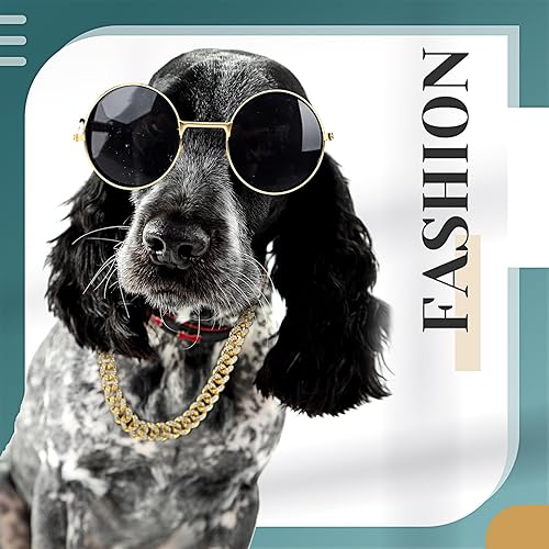 Miniatura 6 de Xuniea Juego de 2 lentes y collar para muñeca, gato, perro, collar de cadena y lentes de sol, collar de diamantes de imitación con hebilla segura,