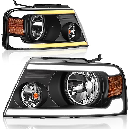 AUTOSAVER88 Switchback LED Tube Headlights Assembly Compatible with 2004 2005 2006 2007 2008 Ford F150 F-150 DRL Headlamp Replacement Pair with Amber Reflector