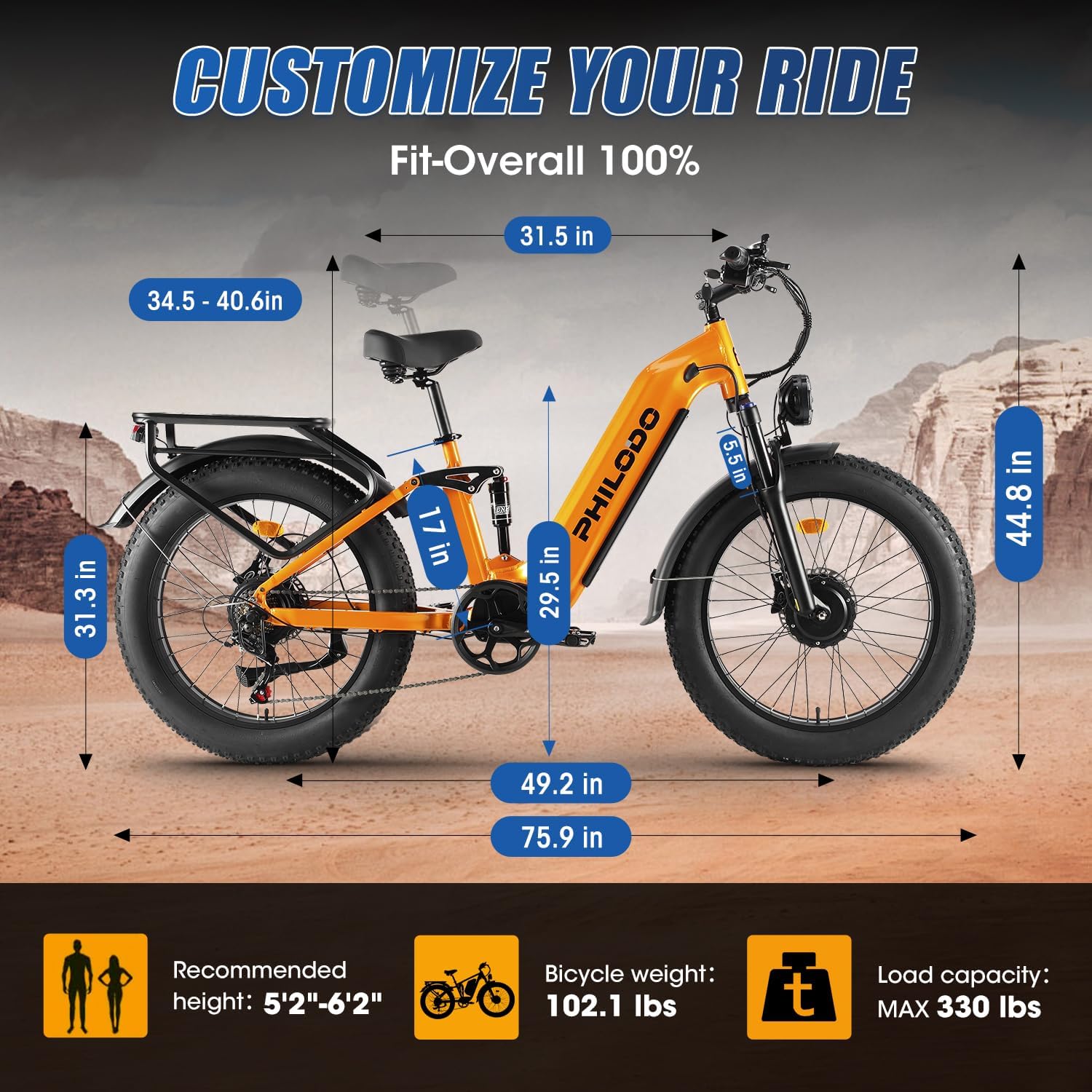 PHILODO Falcon 60V 32Ah Off-Road Electric Bike Dual Motor Hunting Ebike, Fat Tire Full Suspension Dirt Bike for Adults, Long Range Snow/Sand Electric Bicycle