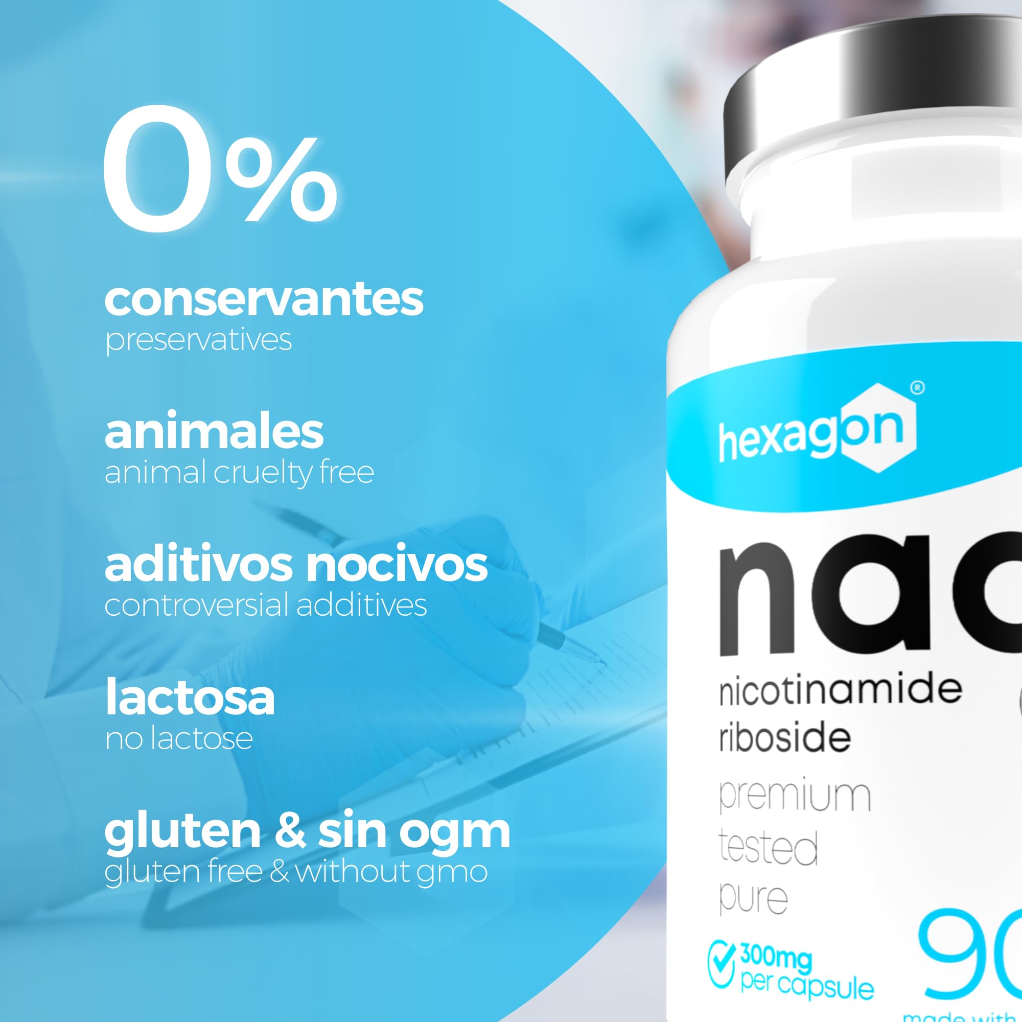 NAD+ Nicotinamide Riboside Chloride 300mg - +3 Meses de Cura - Contra la Edad y la Fatiga, NAD Booster - Polvo Puro, 90 Cápsulas - Grado Farmacéutico - Vegano - Hexagon