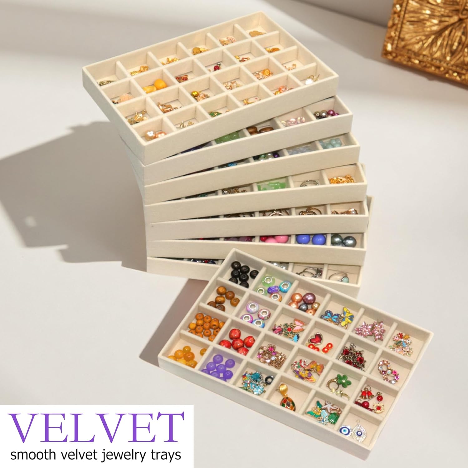 24 Grid Stackable Jewelry Organizer Tray Velvet Jewelry Drawer Inserts Earring Organizer for Women Jewelry Display Box Case for Earring Rings Stud Necklaces (Set of 8, Beige