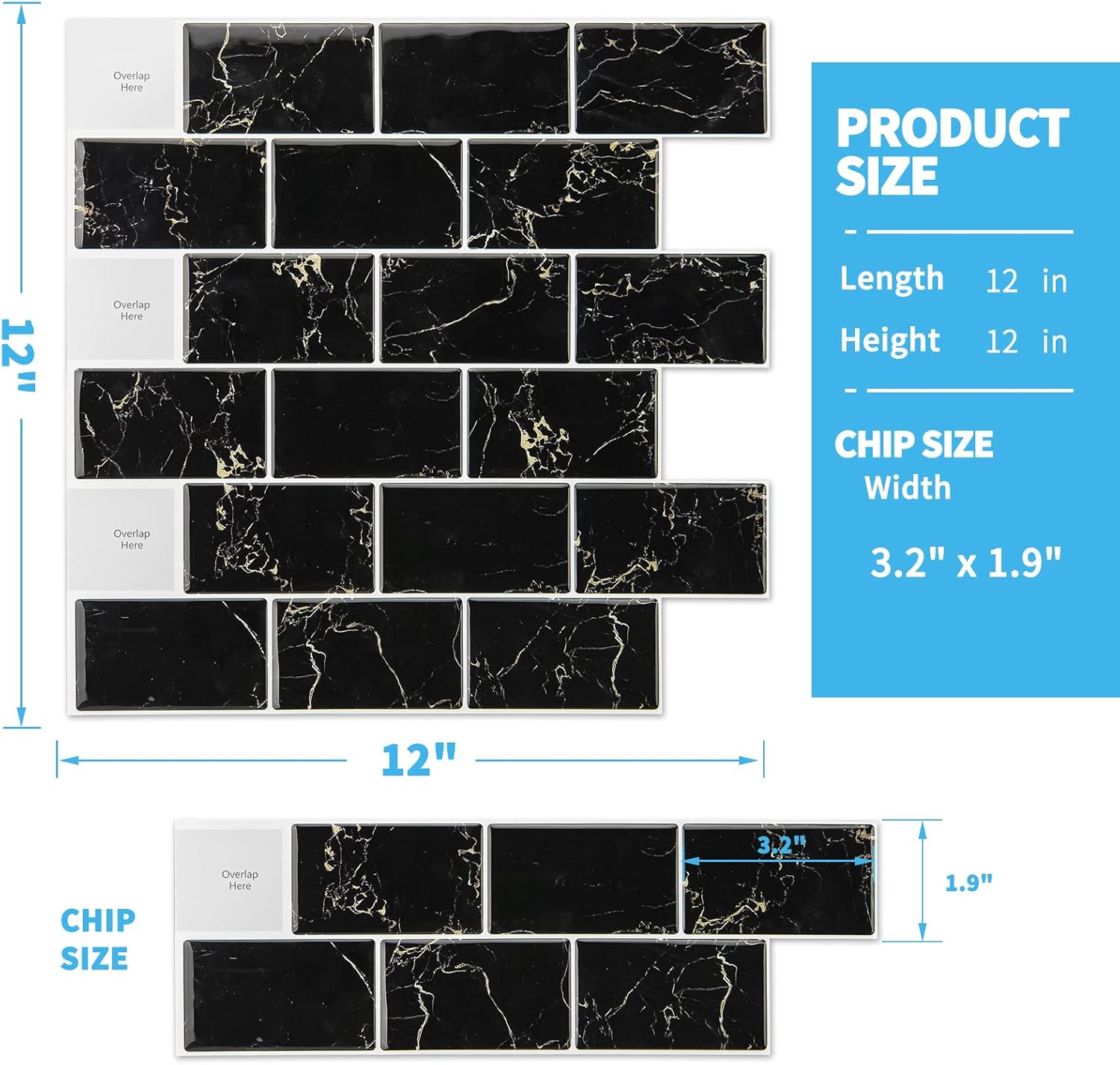 Black Marble Peel and Stick Rectangular Backsplash Tiles