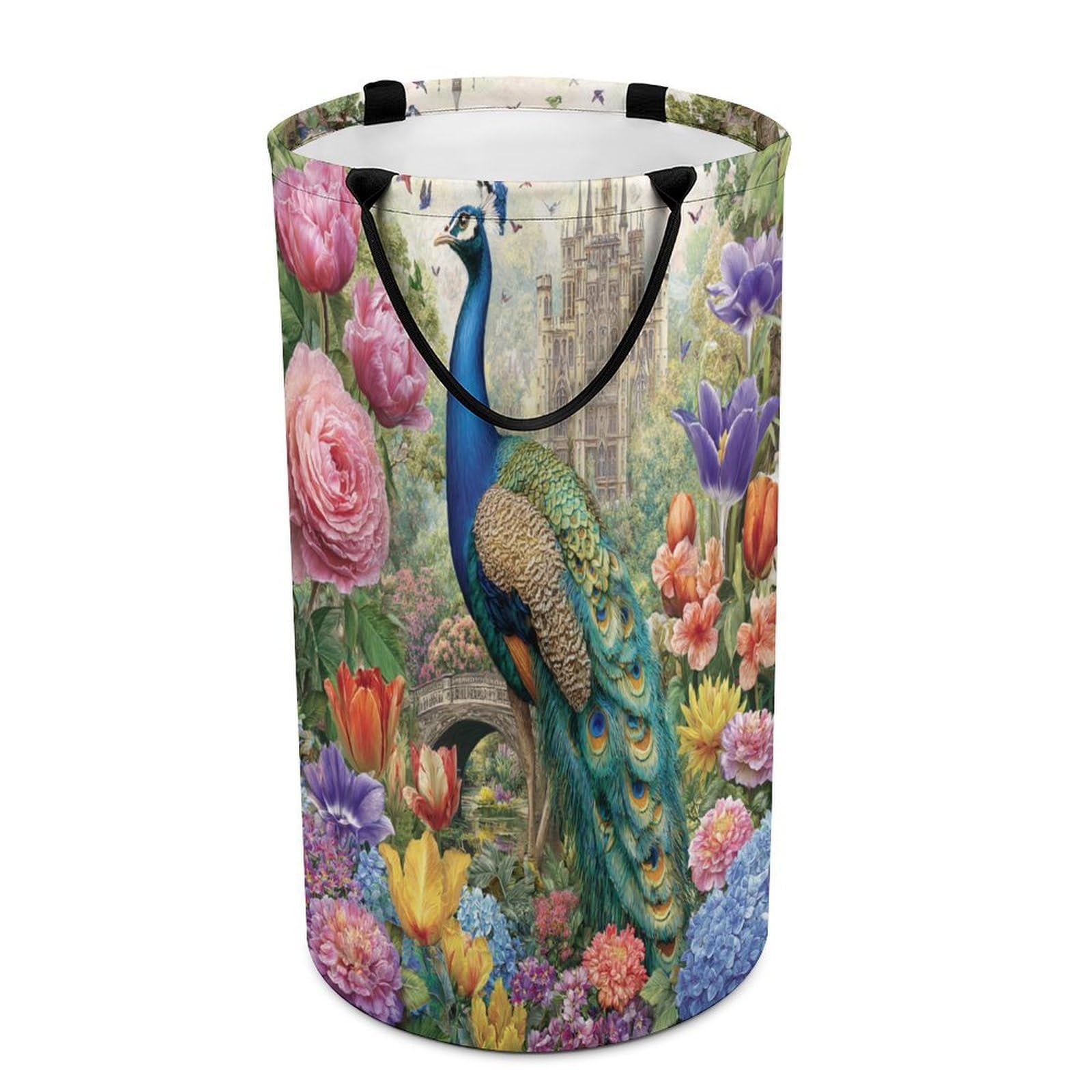LUYYSKY Classic Realistic Birds Peacocks Versatile Storage Laundry Basket, Beautiful Fantasy Castles Animals Peacocks Plants Flowers Large Capacity Bathroom Hamper With Handle