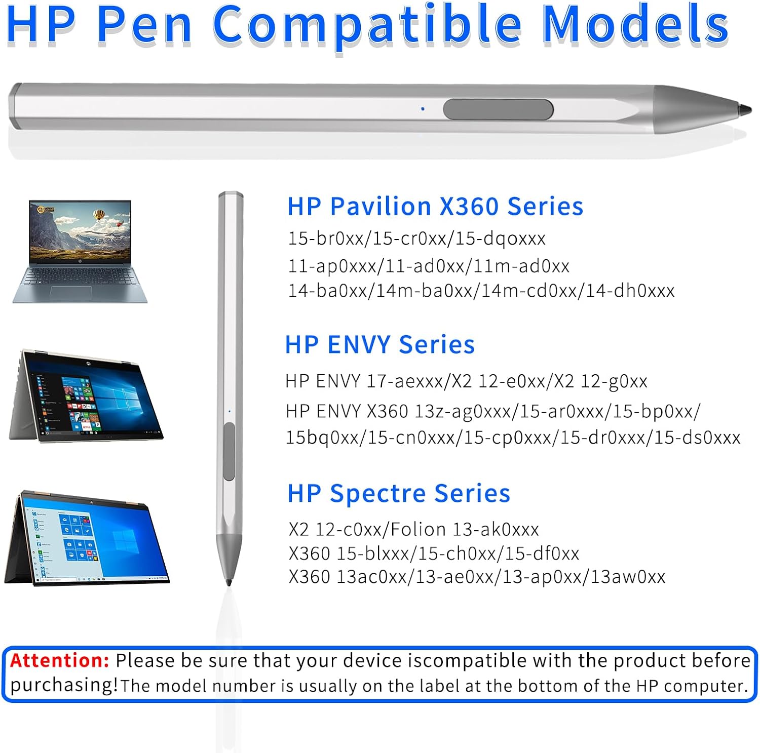Stylus Pen for HP Envy X360 Pavilion X360 Specter X360 Spectre X2 Envy X2 Rechargeable MPP 2.0 Tilt Active Pen with 4096 Pressure Sensitivity, Magnetic Attachment, FunctionPalm Rejection, Silver