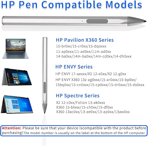 Stylus Pen for HP EliteBook x360 G6/G5/G4/G3/G2, HP Elite x2 G4/1013 G3/1012 G2/1012 G1, HP ProBook G1/G2, HP Pavilion x2 12-b0xx/b1xx, HP Spectre x2 12-a0xx, AES 1.0 Aactive Pencil,Silver