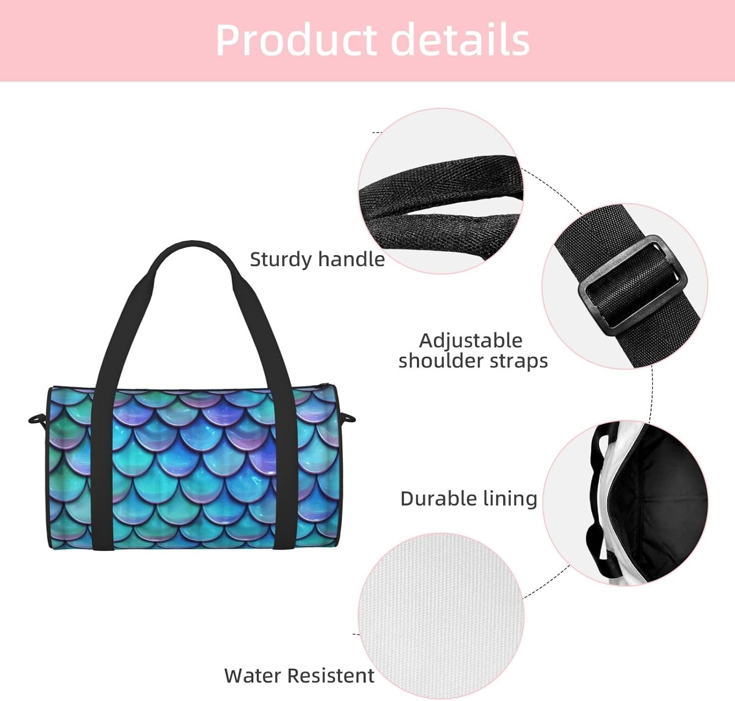 Mermaid Teal Fish Scale Print Sports Tote Bag Lightweight Water-Resistant Gym Backpack Travel Supplies