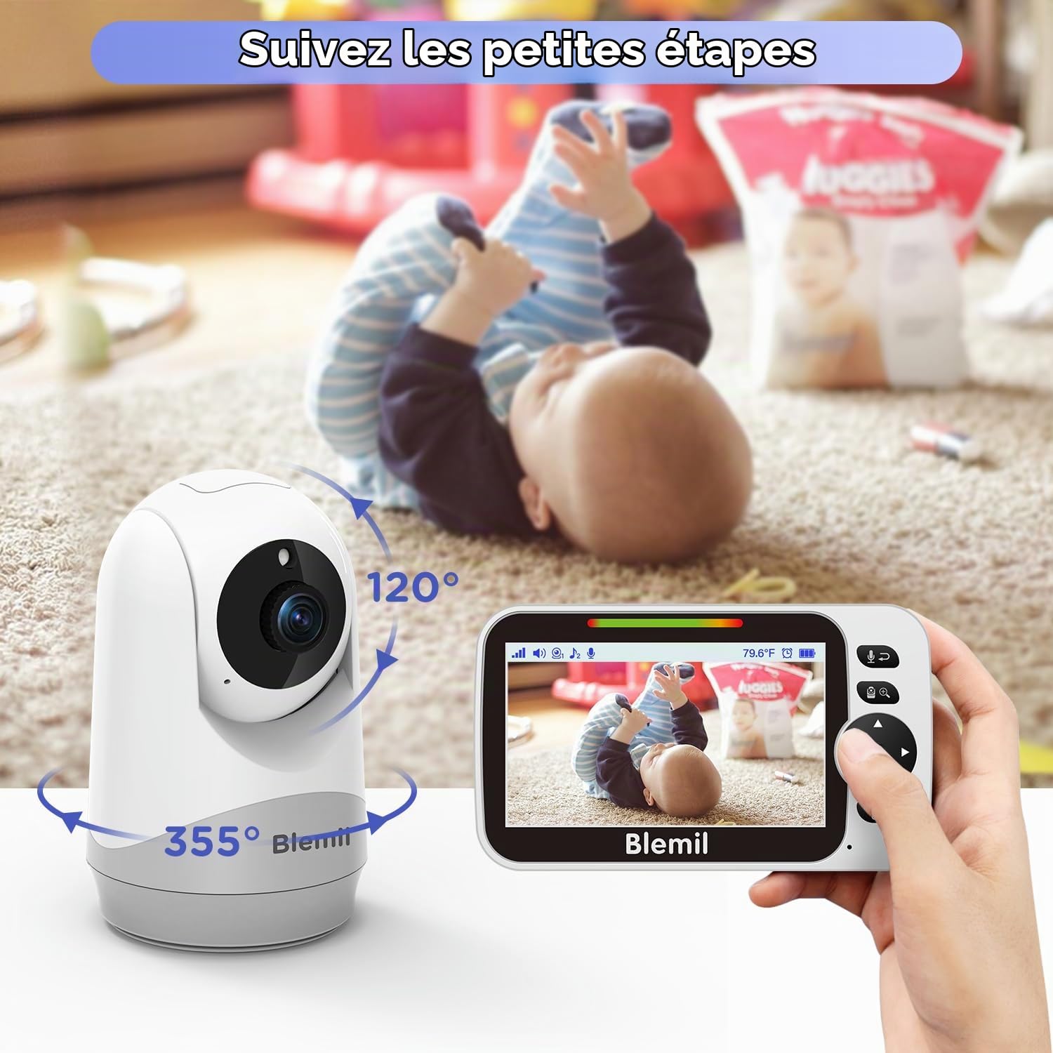 Blemil Moniteur Bébé Vidéo 5'', Écran Partagé, Modèle Amélioré, sans WiFi | Babyphone caméra bébé, mode ECO, vision nocturne, PTZ à distance, interphone bidirectionnel et berceuses
