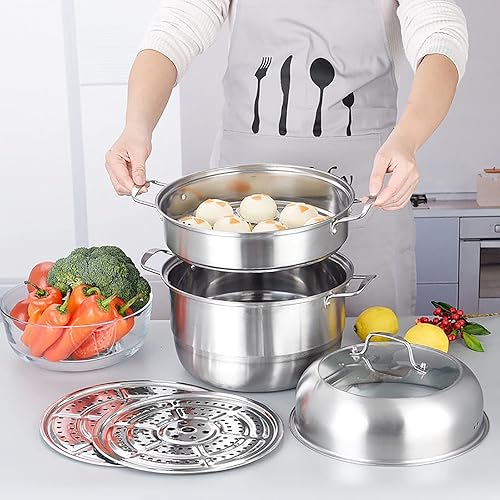 Miniatura 4 de WUWEOT Olla de vapor de 11 pulgadas, olla de vapor de acero inoxidable de 3 niveles, utensilios de cocina Dim Sum, sartén de cocina para alimentos y