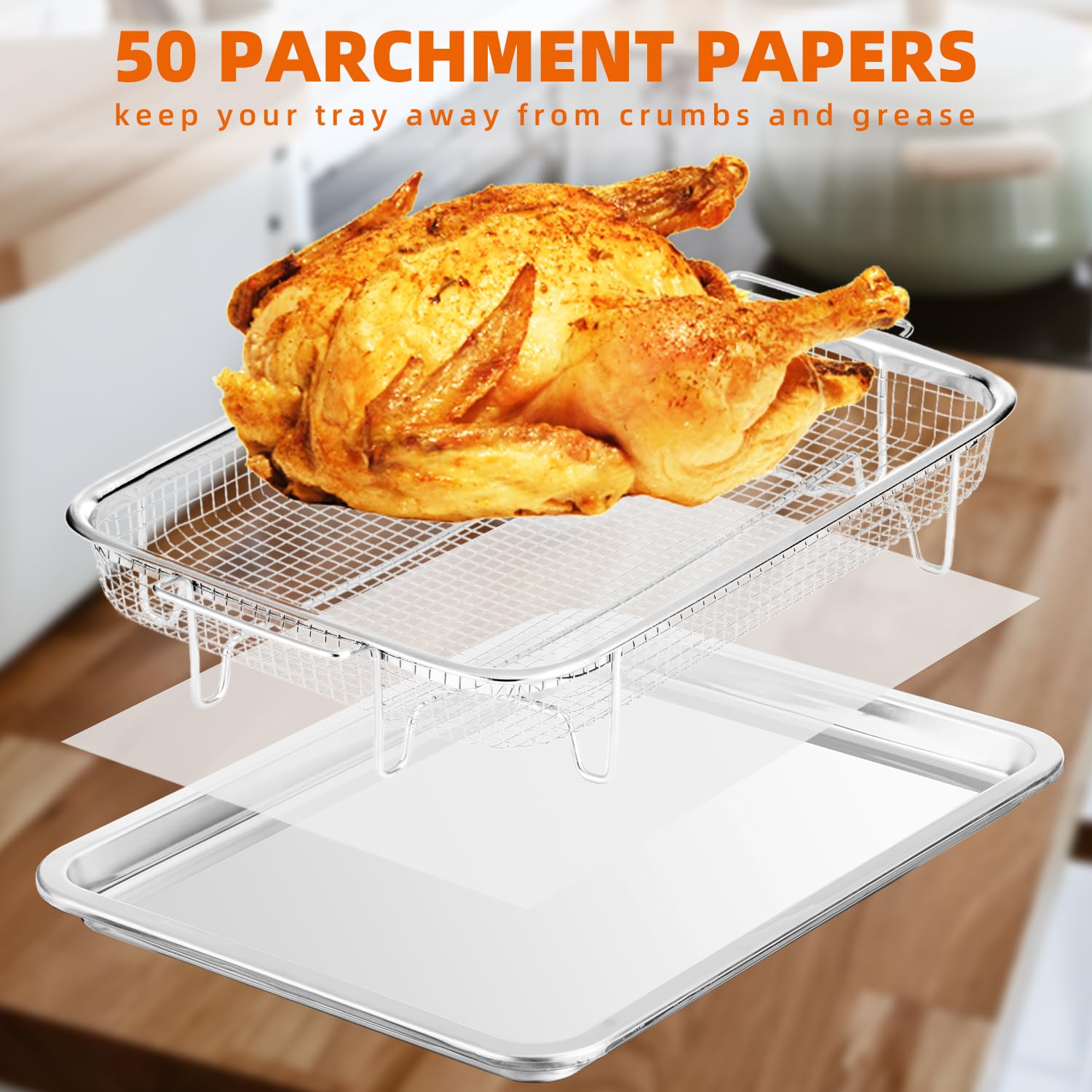 QPMR Cesta de freidora de aire para horno, cesta de acero inoxidable de 18.7 x 11.8 pulgadas con 50 papeles de pergamino, cesta de freidora de aire y bandeja, bandeja antiadherente con bandeja para