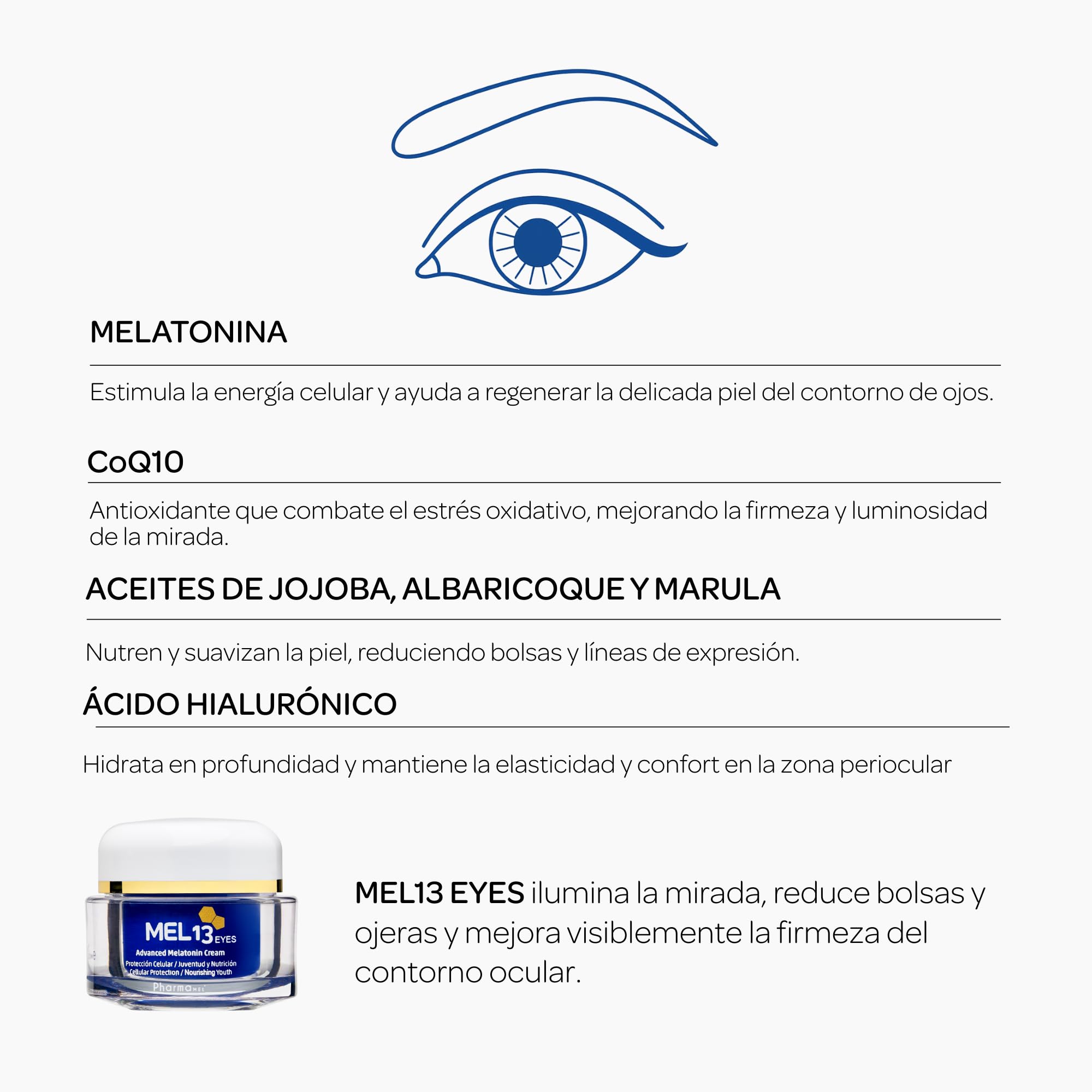 Contorno de ojos antiarrugas | Con Melatonina y coenzima Q10 | Ayuda a reducir patas de gallo, líneas de expresión y sequedad | Para todo tipo de piel | Disminuye bolsas y ojeras | 15 ml