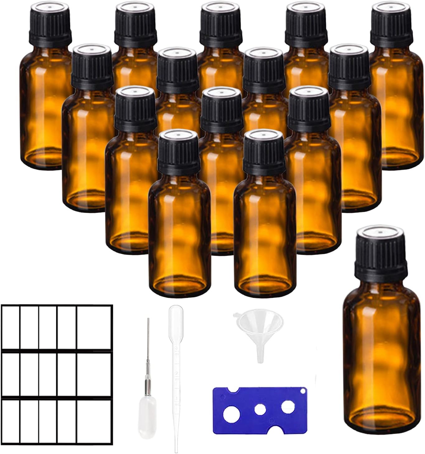 Amber Glass Bottles Dropper Insert Bottle Empty Glass Bottles with 50 ml 15 Items Black Plastic Lid Moveable Brown Glass Set for Important Oils Fragrance Oils Perfume Oil Pattern