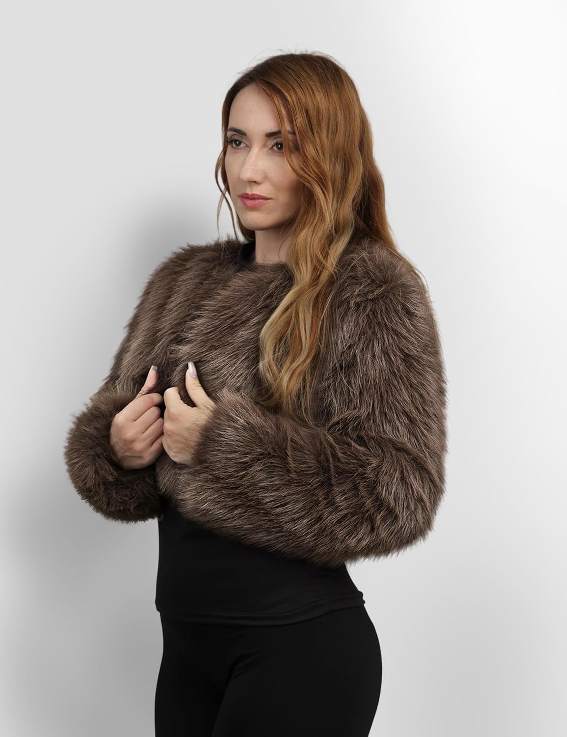 Womens Faux Fur Coat Long Sleeve Cropped Jacket Fluffy Winter Shaggy Warm Cardigan Outerwear - Image 7