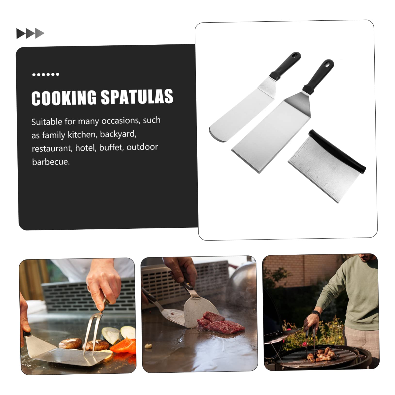Spatola da Cucina in Acciaio Inox 3 Pezzi Set, Pala per Friggere Alimenti e Spatola per Bistecca, Utensile per Grigliata e Barbecue Professionale Adatto a Casa e Ristorante