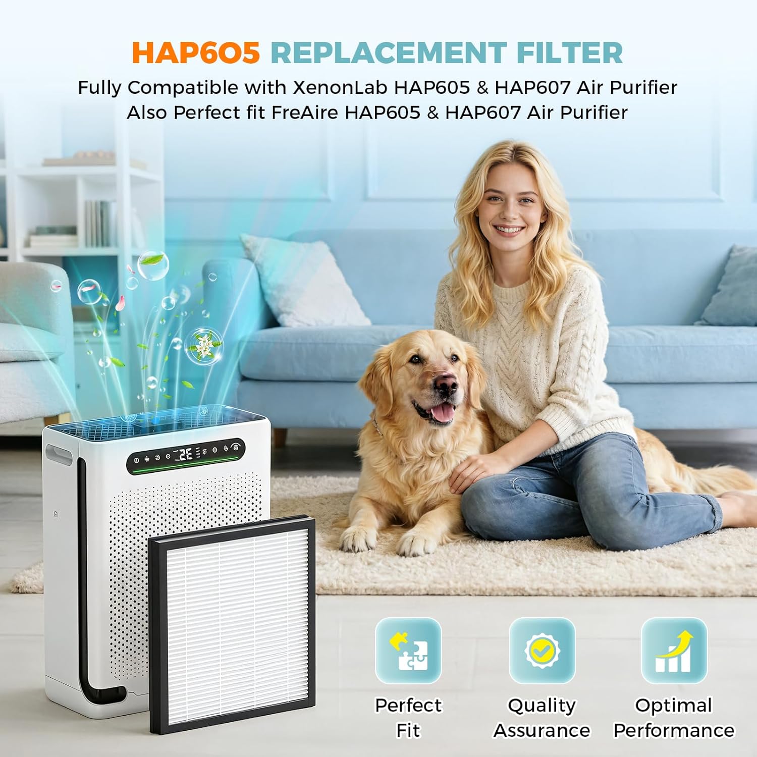 HAP605 Replacement Filters for FreAire HAP605 HAP607 and for XenonLab HAP605 HAP607 Air Purifier, 3-in-1 High-Efficiency Activated Carbon Filters for HAP607/HAP605 Air Purifier