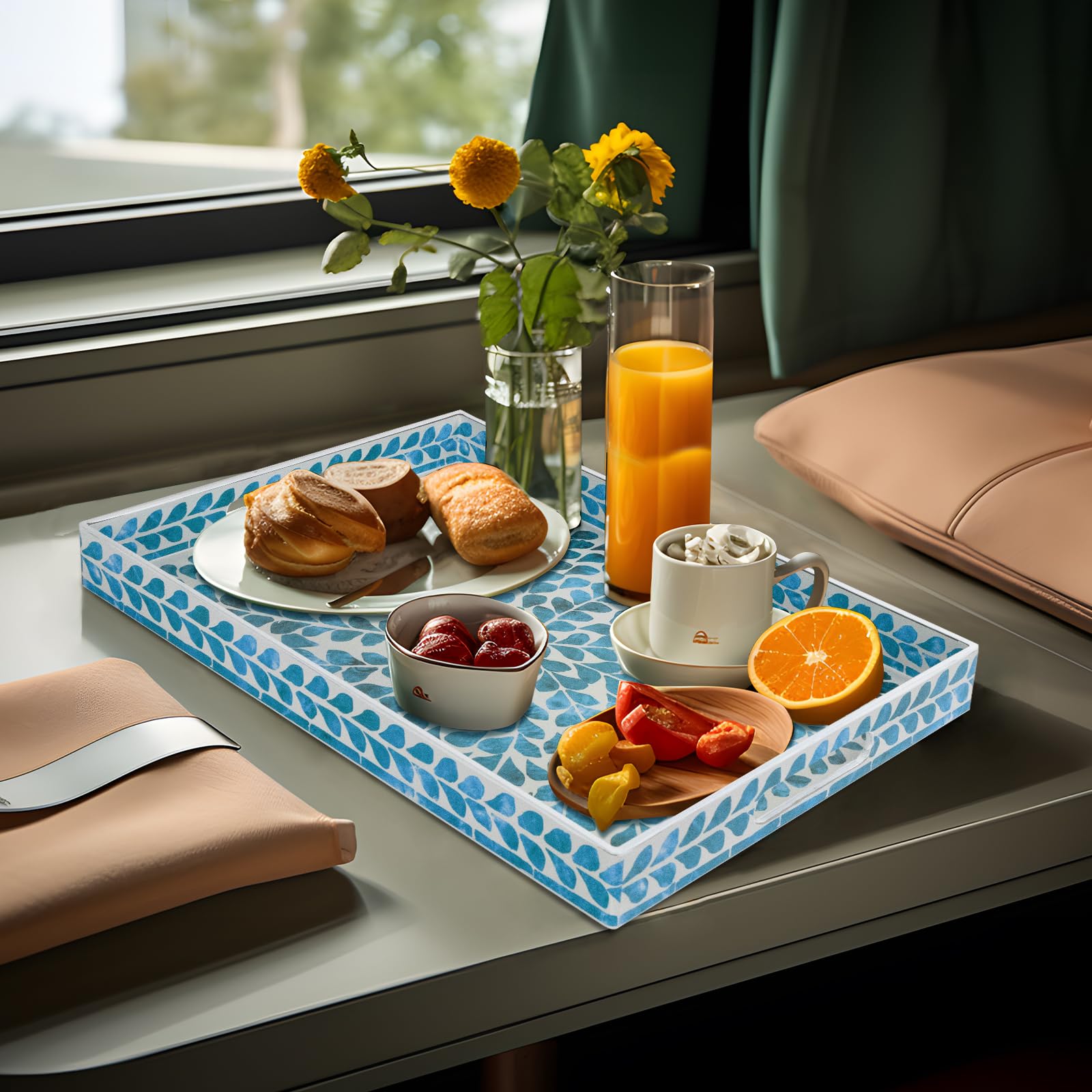 MAONAME Blue Decorative Tray, Plastic Serving Tray with Handles, Leaf ...