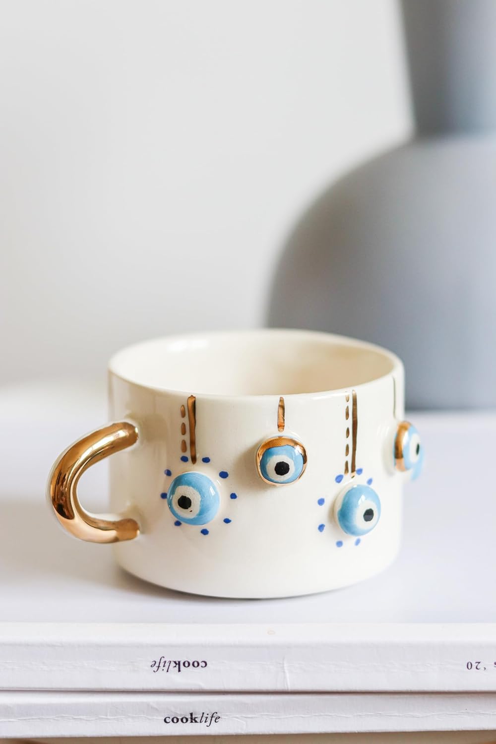 Protective Evil Eye Ceramic Mugs with Gold Detailing | Hand-Painted Protection Symbols with Gold Accents | Handcrafted for Coffee & Tea Lovers (Hanging Evil Eyes)