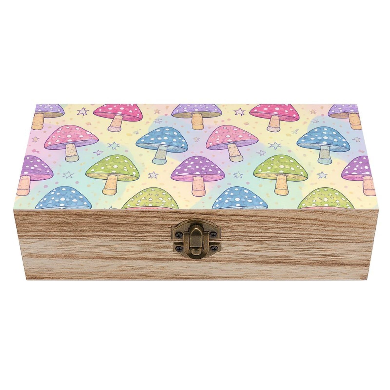 SMAZDFXX Colorful Mushroom Wooden Storage Box With Hinged Lid Decorative Front Clasp Keepsake Boxes