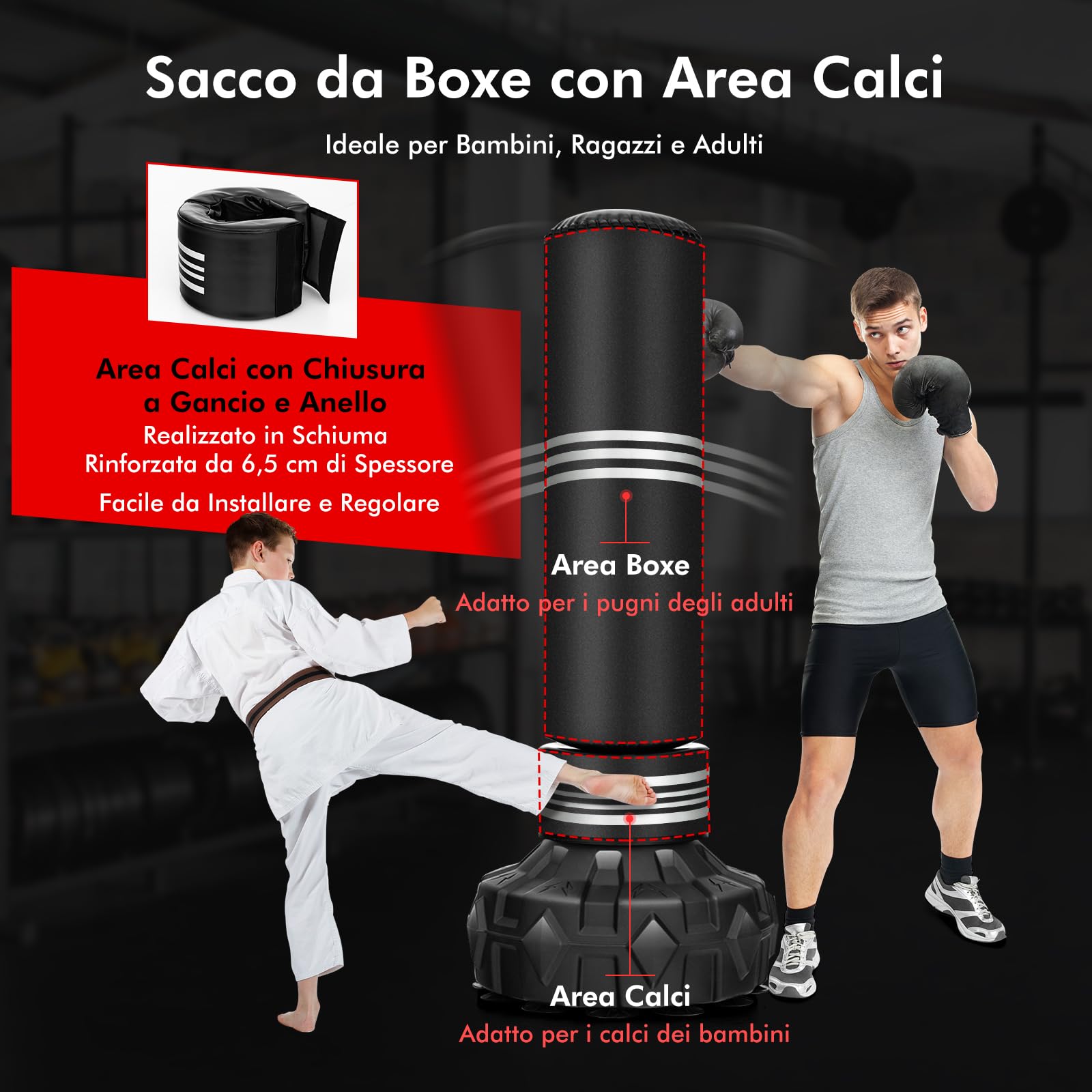 COSTWAY Sacco da Boxe da Terra Professionale con Area per Calci, Sacco Kick Boxing Autoportante con Base Riempibile da Sabbia e Acqua, 12 Ventose in Gomma e Struttura Multistrato