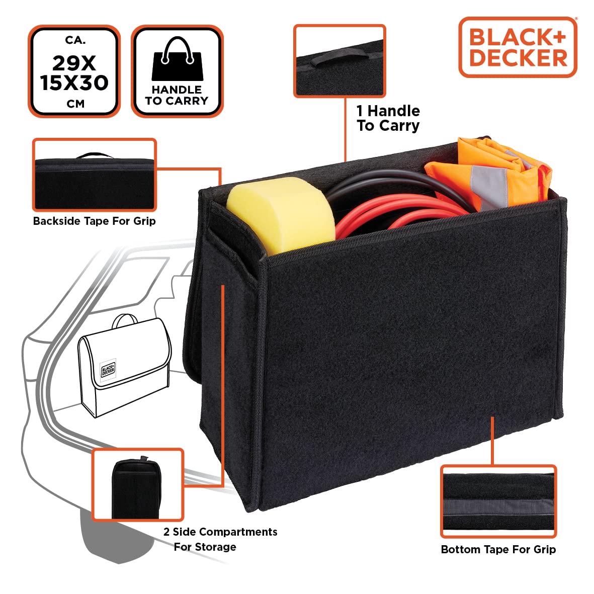 BLACK+DECKER Organizer do bagażnika, 29 x 15 x 30 cm, z zapięciem na rzepy, uchwyt, czarny