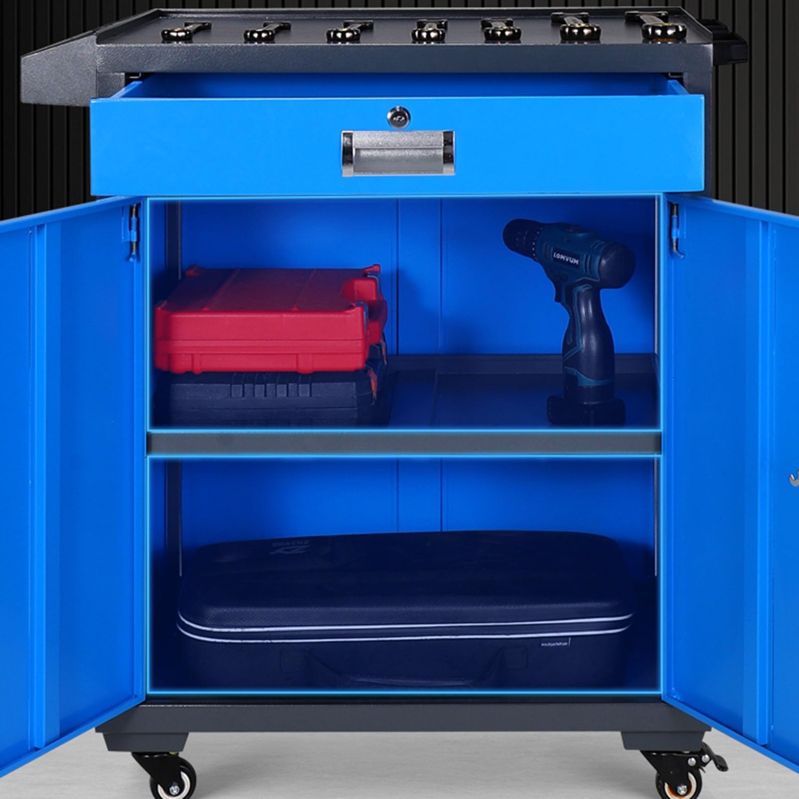 Carrello Portautensili Con Ruote Da 330 Libbre, Utensile Multiuso Resistente Con Cassetto, Portacacciavite, Pannello Forato, Carrello Portautensili Meccanico For Garage, Magazzino, Officina