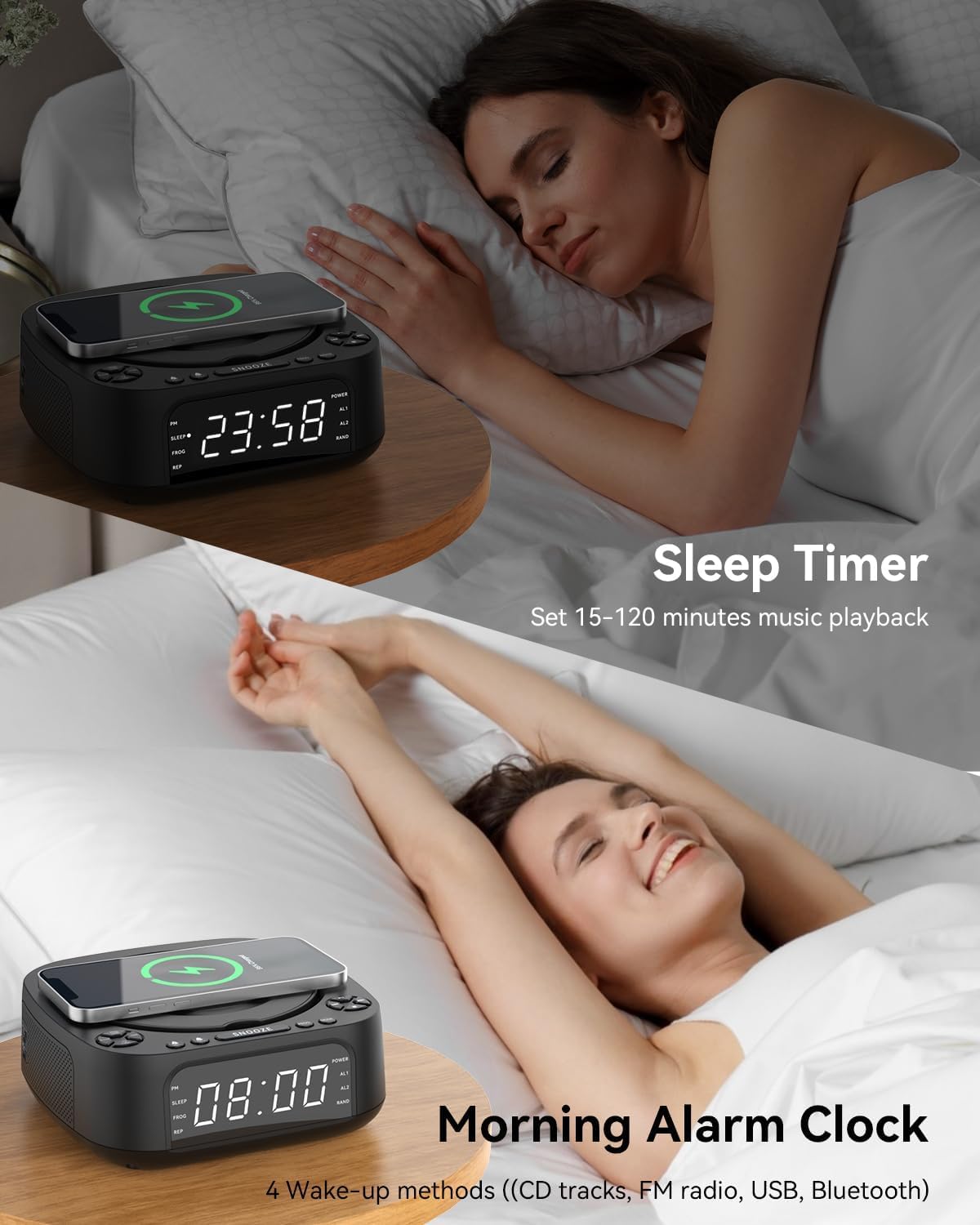MONODEAL CD Player Tragbar mit Wireless Charger für Telefon, Tragbarer CD Player Bluetooth und FM Radio Für Zuhause, Fernbedienung,Groß Display, Wecker, SleepTimer