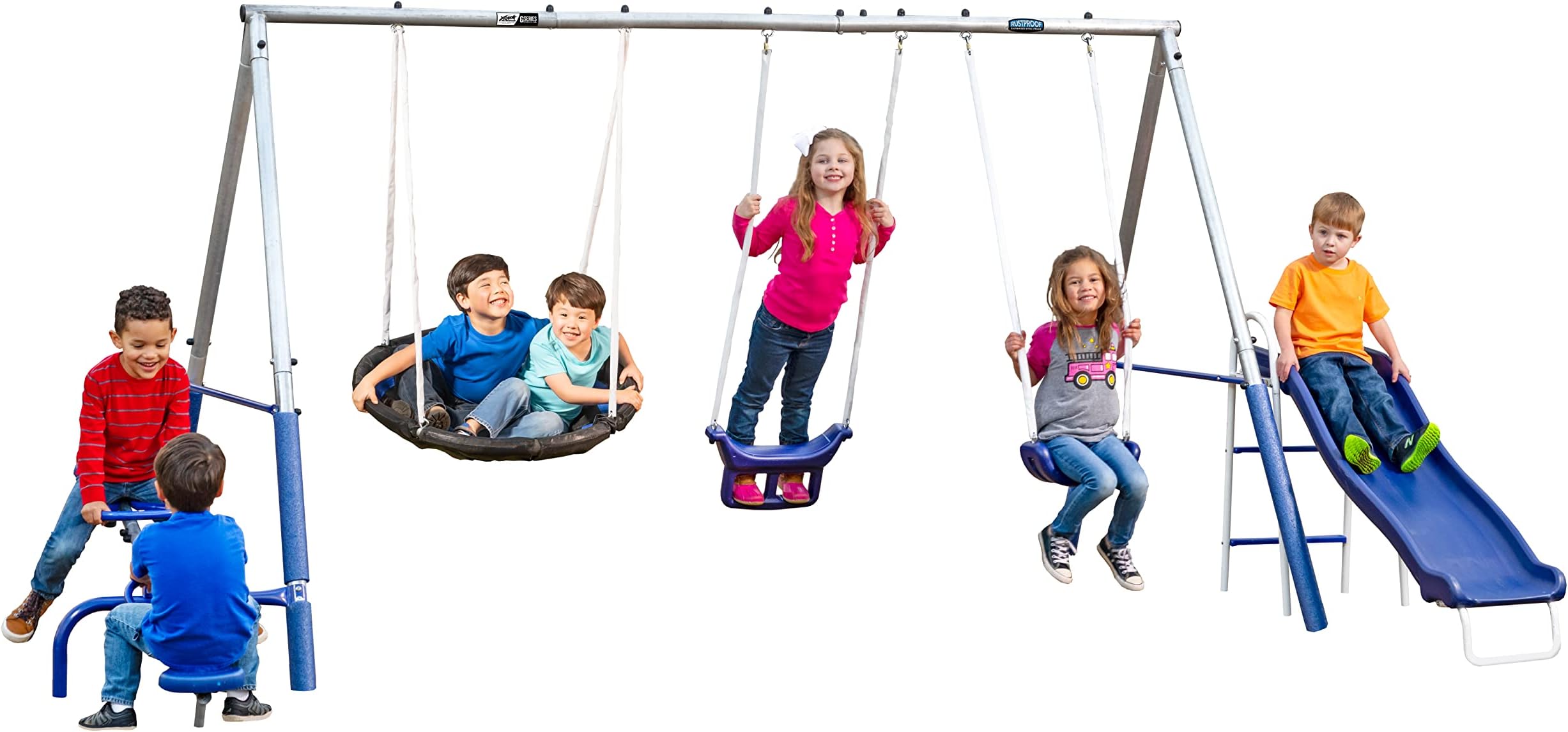 Free N Swing - 7 User / 5 Station Swing Set, Outdoor for Kids with 5' Slide. Easy Assembly Playground Set with Galvanized Metal Frame for Backyards, 168" L x 91" W x 74" H, by XDP Recreation