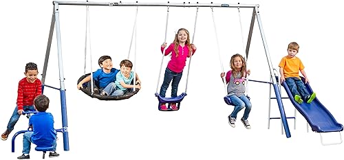 Free N Swing - Juego de columpios para 7 usuarios/5 estaciones, al aire libre para niños con tobogán de 5 pies. Juego de parque infantil de fácil