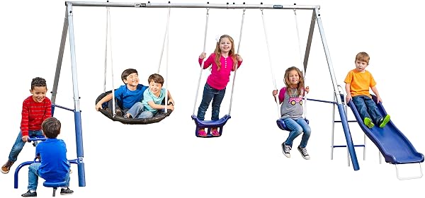 Free N Swing - 7 User / 5 Station Swing Set, Outdoor for Kids with 5 Slide. Easy Assembly Playground Set with Galvanized