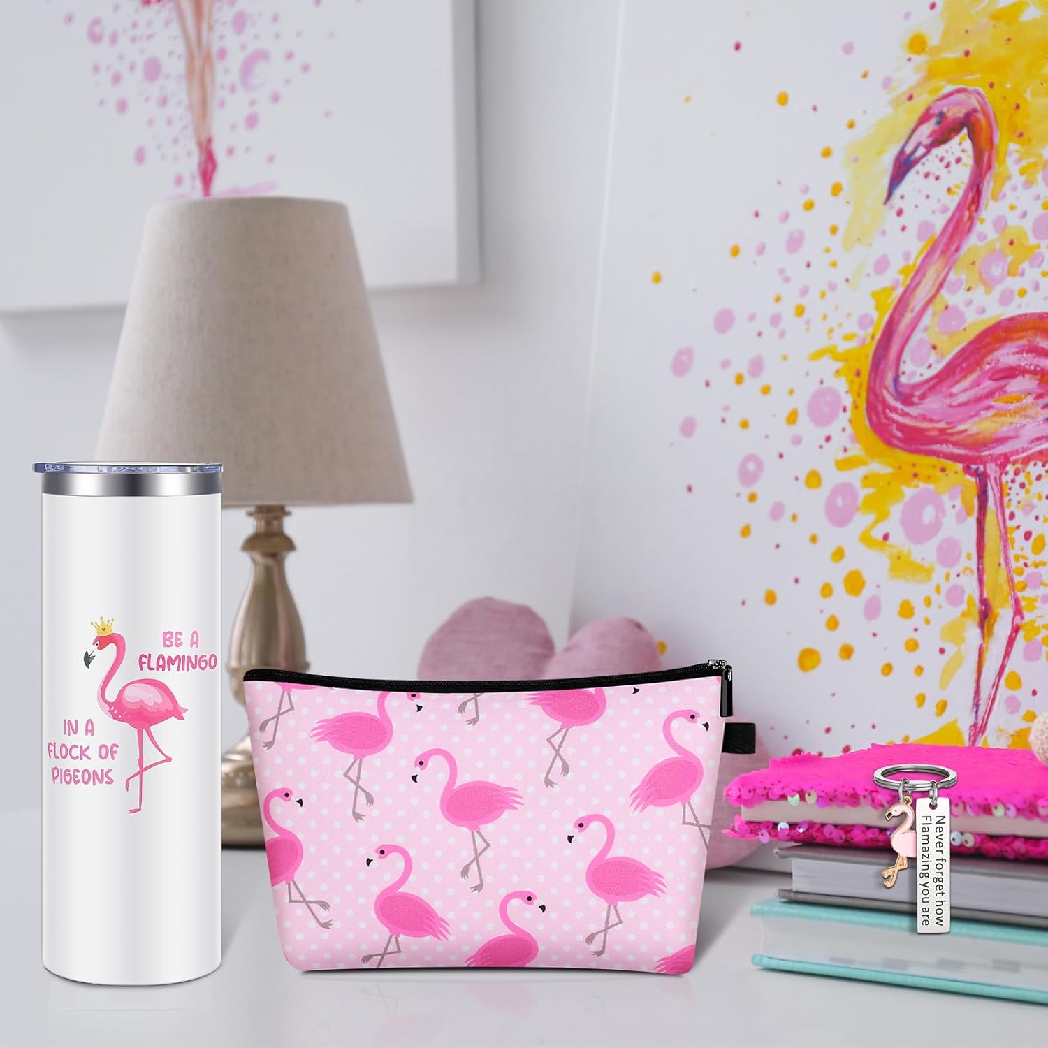 3 Pcs Animal Themed Gifts for Women Including Cute Stainless Steel Wine Tumbler with Straw and Brush 8 Hair Ties and Cosmetic Bag(12 oz,Flamingo) - Image 4