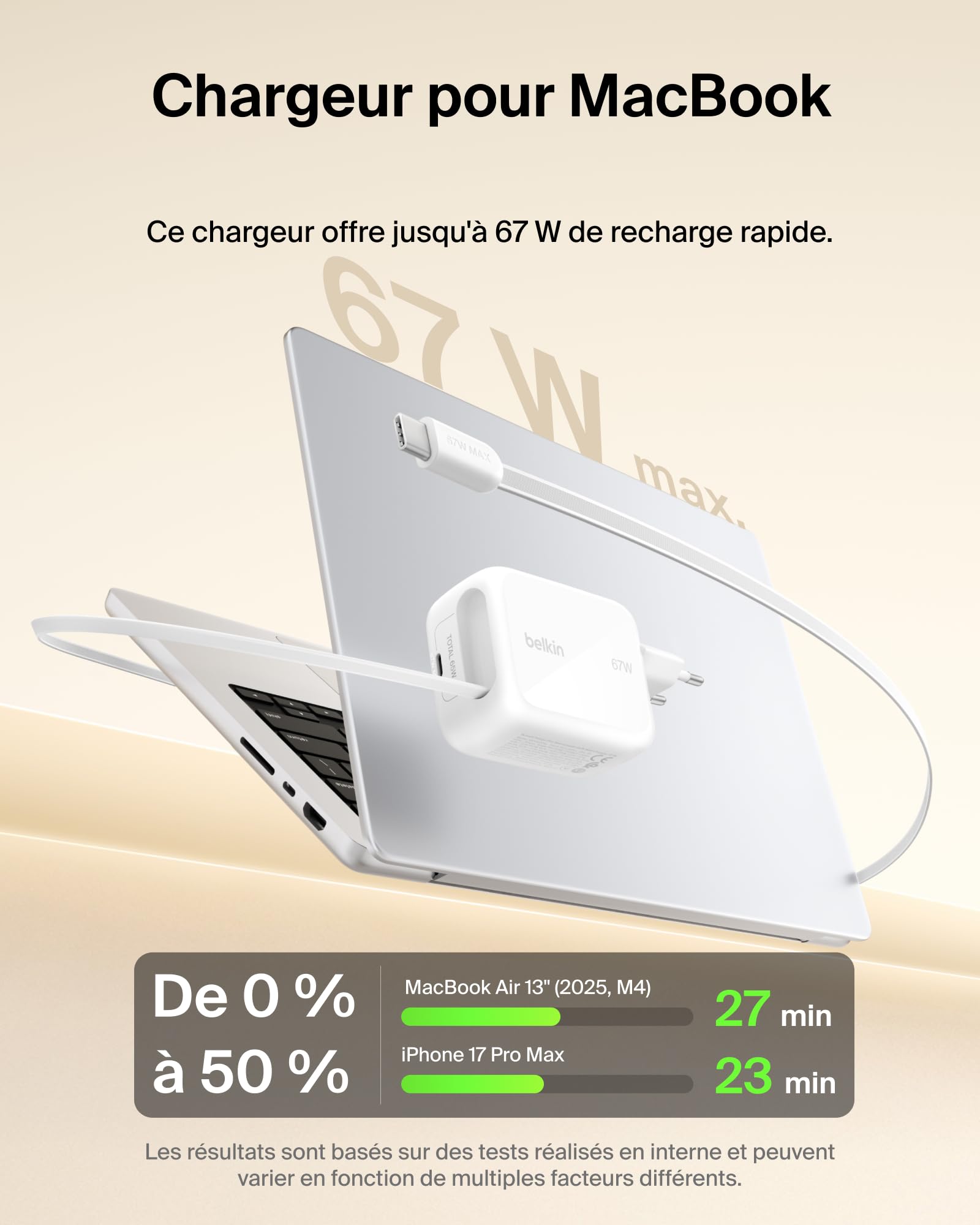 Belkin Chargeur USB-C GaN 67 W avec Câble USB-C Rétractable 1 M Et Port USB C, pour iPhone, Recharge Rapide pour iPhone 17 Et 16 Series, Galaxy S26 Series, AirPods, Tablettes, MacBook, Chromebook