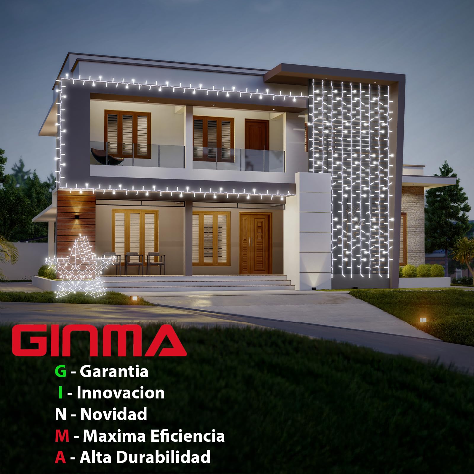 GINMA Cortina de Luces LED Efecto Lluvia – Luces de Navidad Exterior IP44, Impermeables y de Bajo Consumo, Guirnalda Luminosa Profesional Prolongable (Blanco Frio, 5m (200 LED))