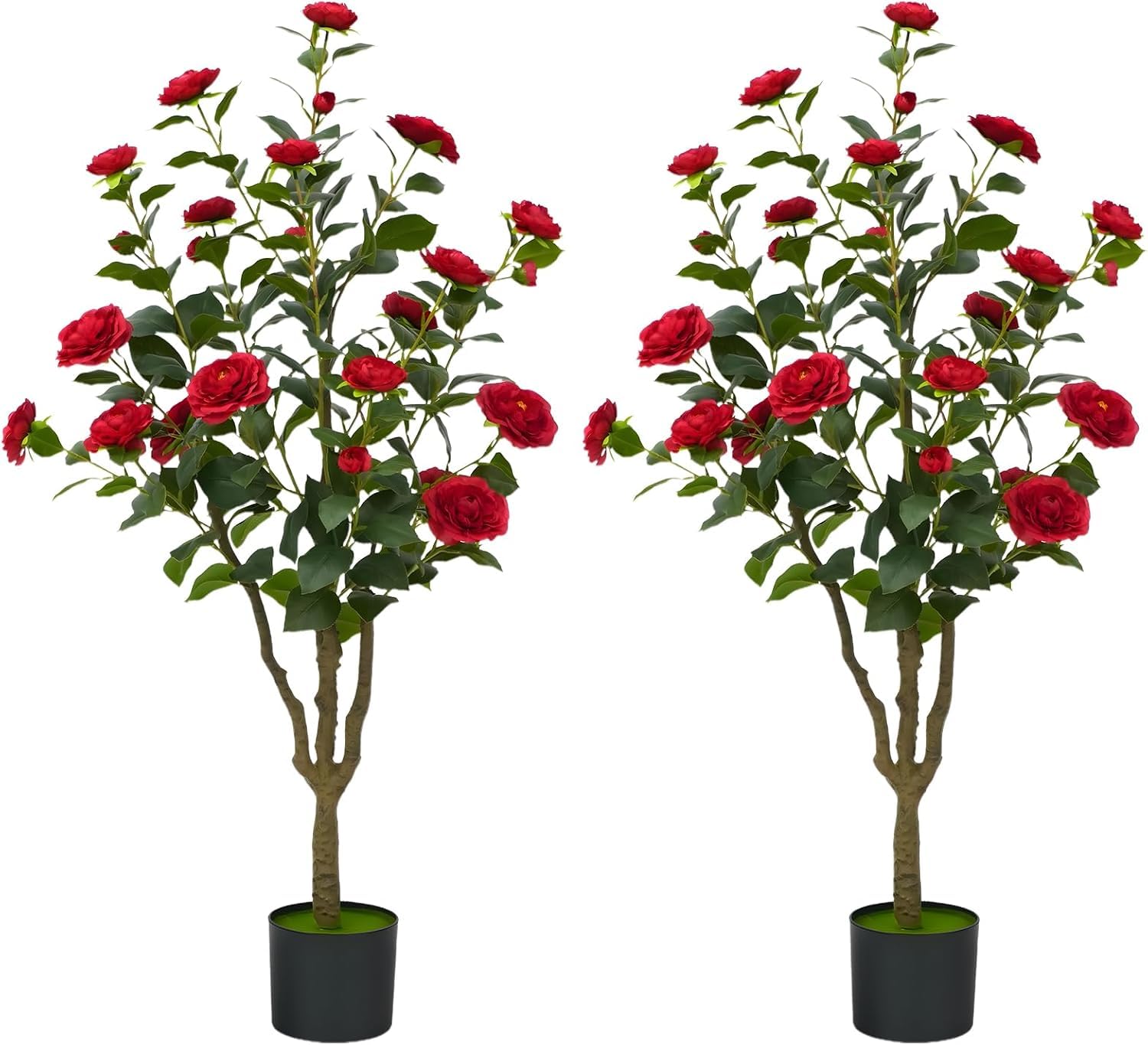 2 pzs Camelia Artificial 120 cm, con 24 Flores Rojas, Planta Camelia Artificial de Plástico, Planta en Maceta para Oficina Moderna, Hogar, Salón, Decoración de Pisos, Fácil de Mantener