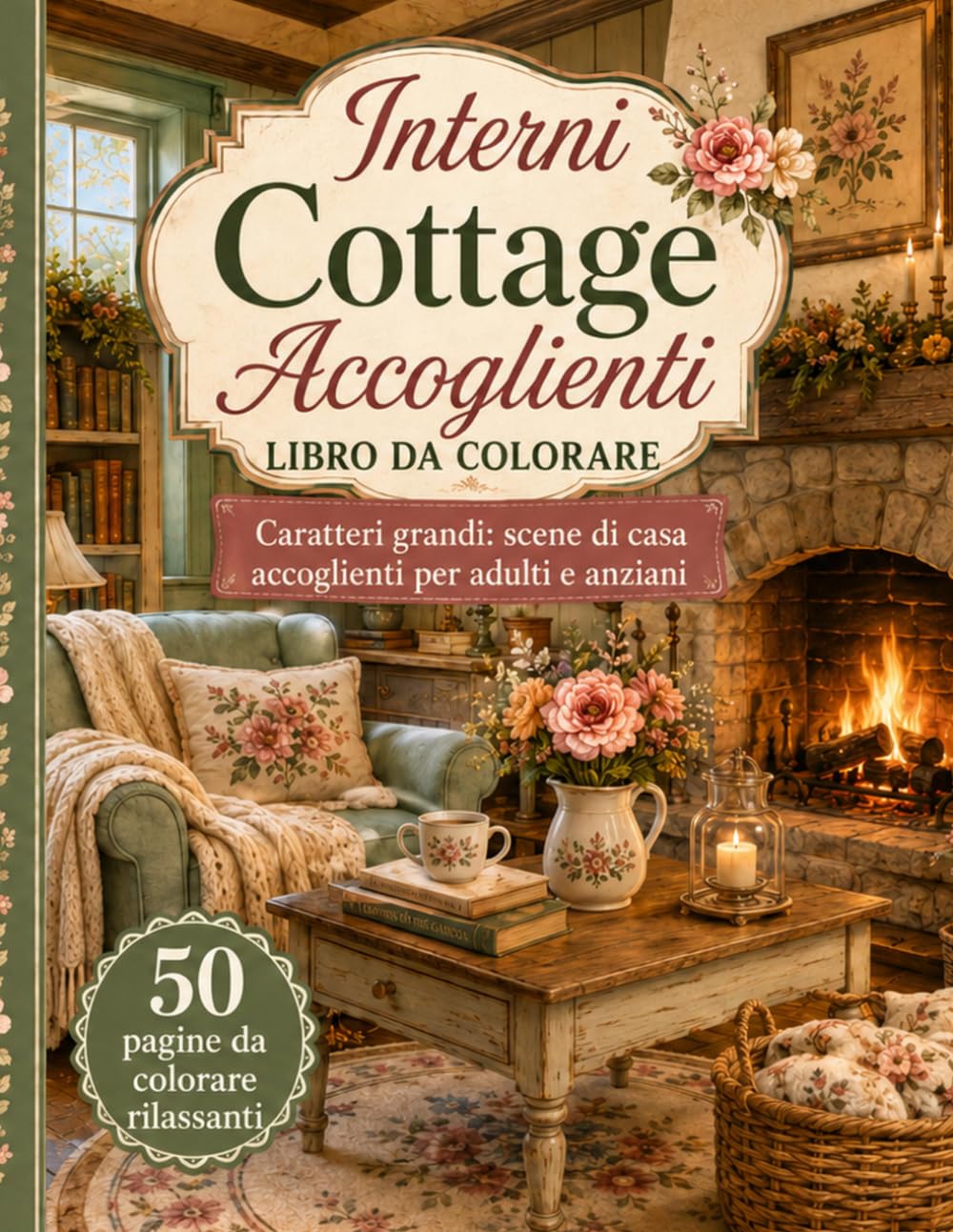 Interni Cottage Accoglienti Libro da Colorare per Adulti e Anziani: 50 scene rilassanti di casa in grande formato con camini, angoli lettura, cucine rustiche, camere floreali e interni sereni