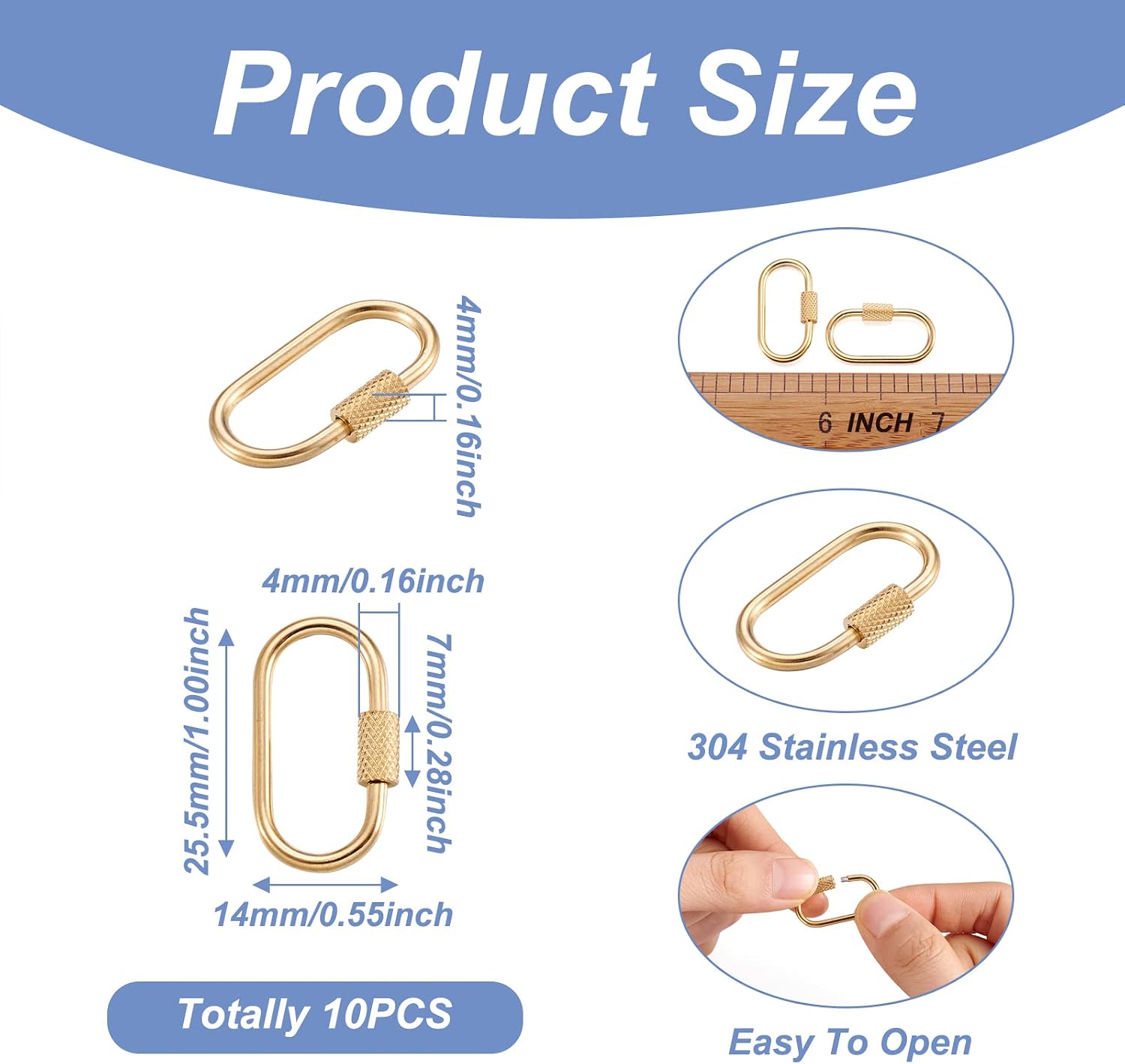 Pandahall 10Pcs Stainless Steel Oval Screw Carabiner Lock Charms Clasps 25.5x14x4mm Metal Snap Clips Hook Clasp Findings for DIY Jewelry Making (Golden)