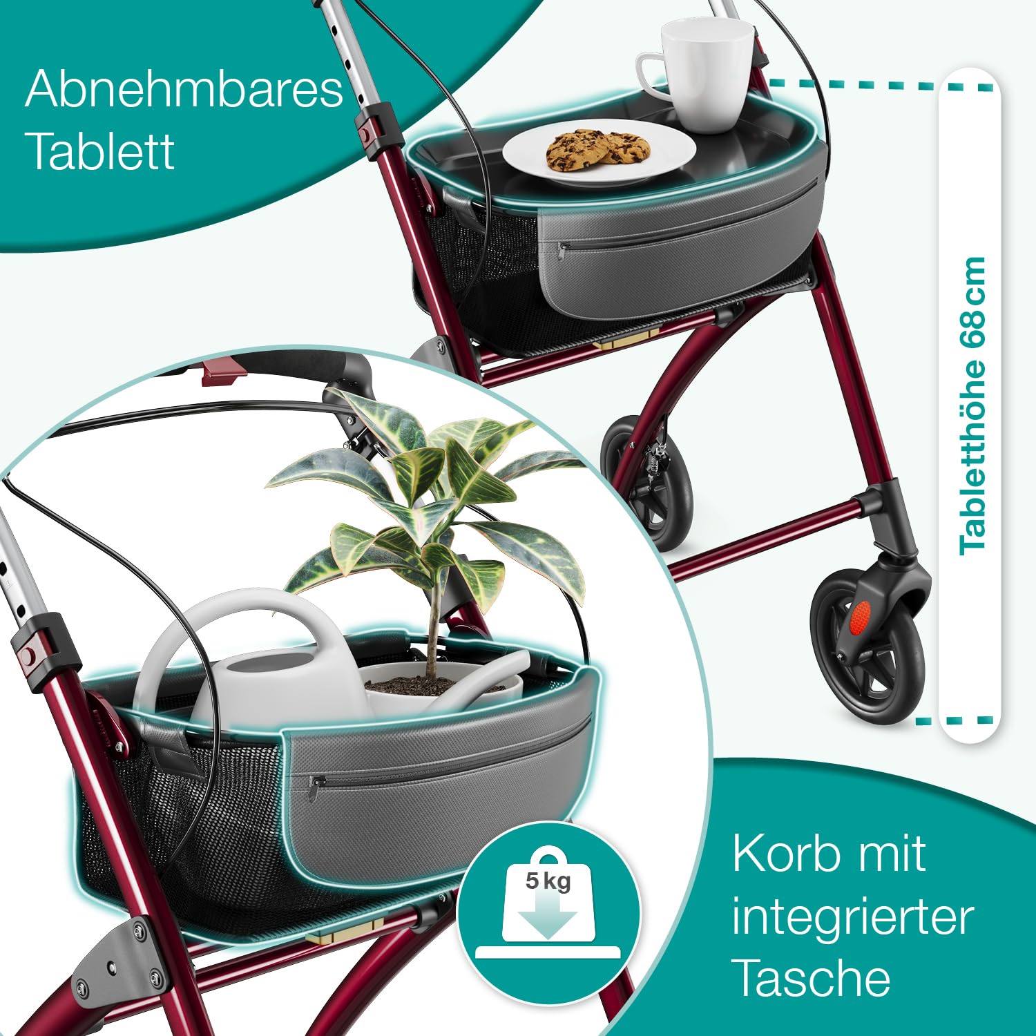 ELONEO Wohnungsrollator 54cm breit, faltbar und leicht, inkl. Tablett & Stoffkorb, Rollator schmal für die Wohnung, Indoor-Rollator, klappbar, Aluminium,Mobilität für Zuhause rot
