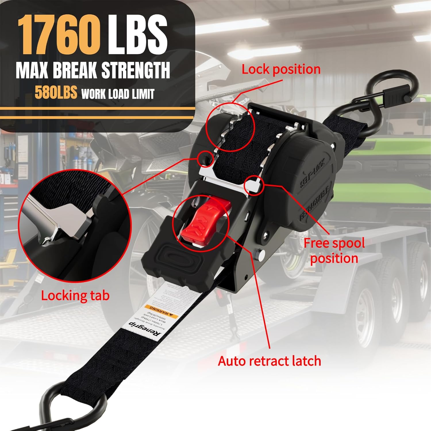 Retractable Ratchet Straps Heavy Duty Tie Down 1''*12ft Breaking Strength 1760LBS Cargo Securing System, for Motorcycle, Jetski, Kayak(2 Pack,Black) - Image 3