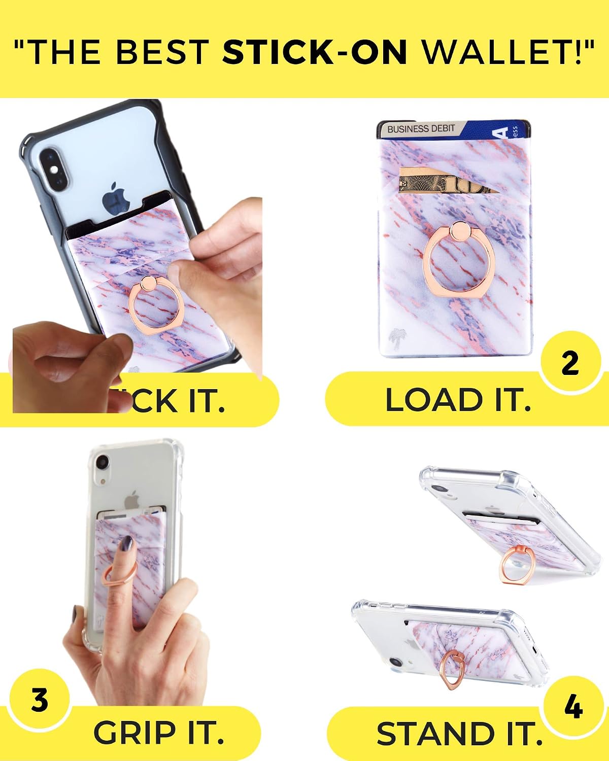 New 4-in-1 Stick-On Spandex Ring Wallet for iPhone 12, 11, XR & Any Phone + Magnetic + Finger Grip + Kickstand – Best Stretchy Card Holder, Sticks to Case (12, 11 Pro Max XR etc)