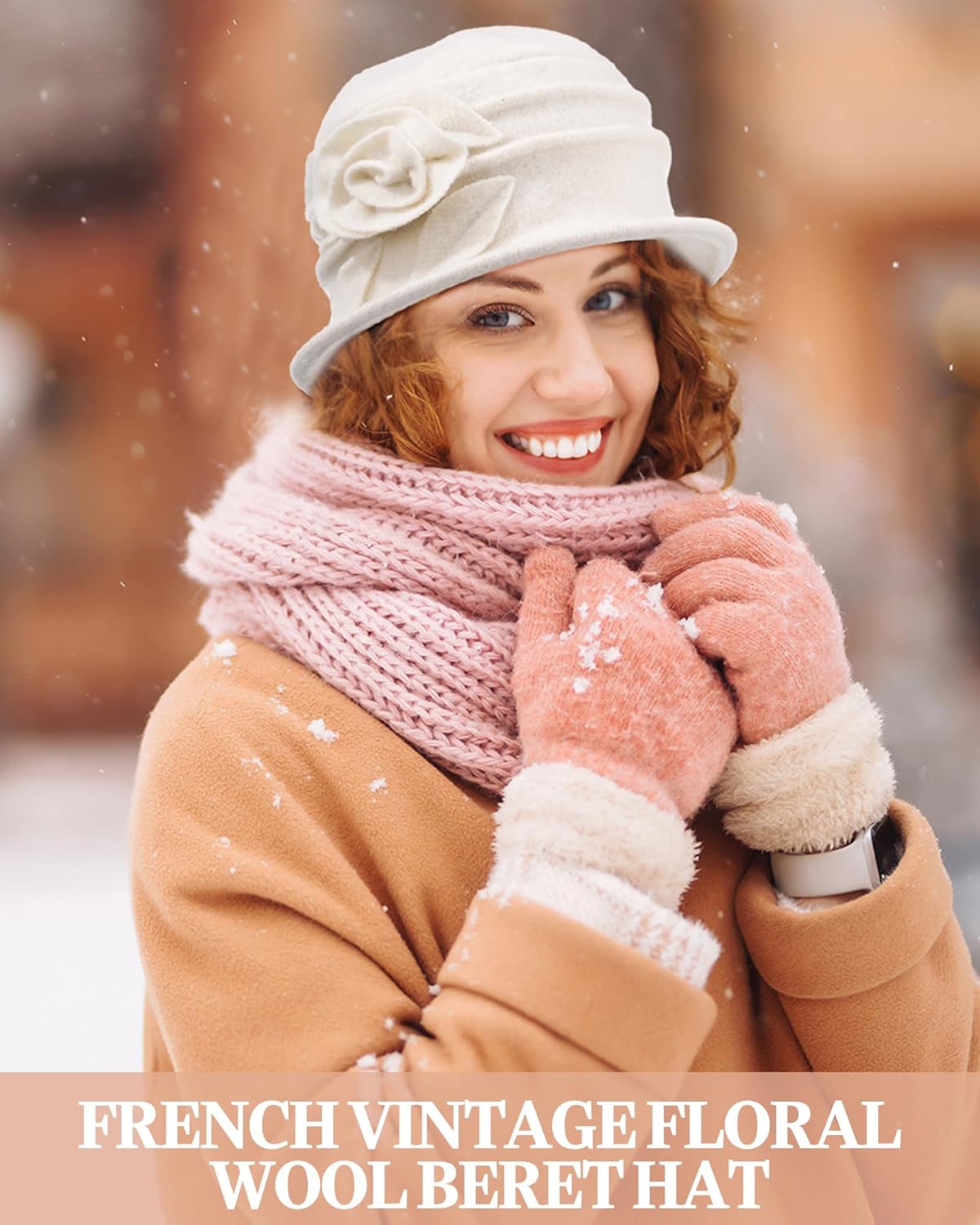 3 Pcs Church Hat for Women Cloche Bucket Winter Beret Hat French 3D Floral Wool Fleece Winter Cap Headgear, 56-58cm - Image 3