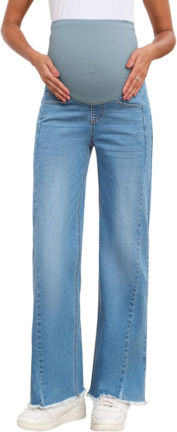 BLENCOT Maternity Jeans for Women Straight Leg Stretchy Denim Ripped Pregnancy Boyfriend Jean