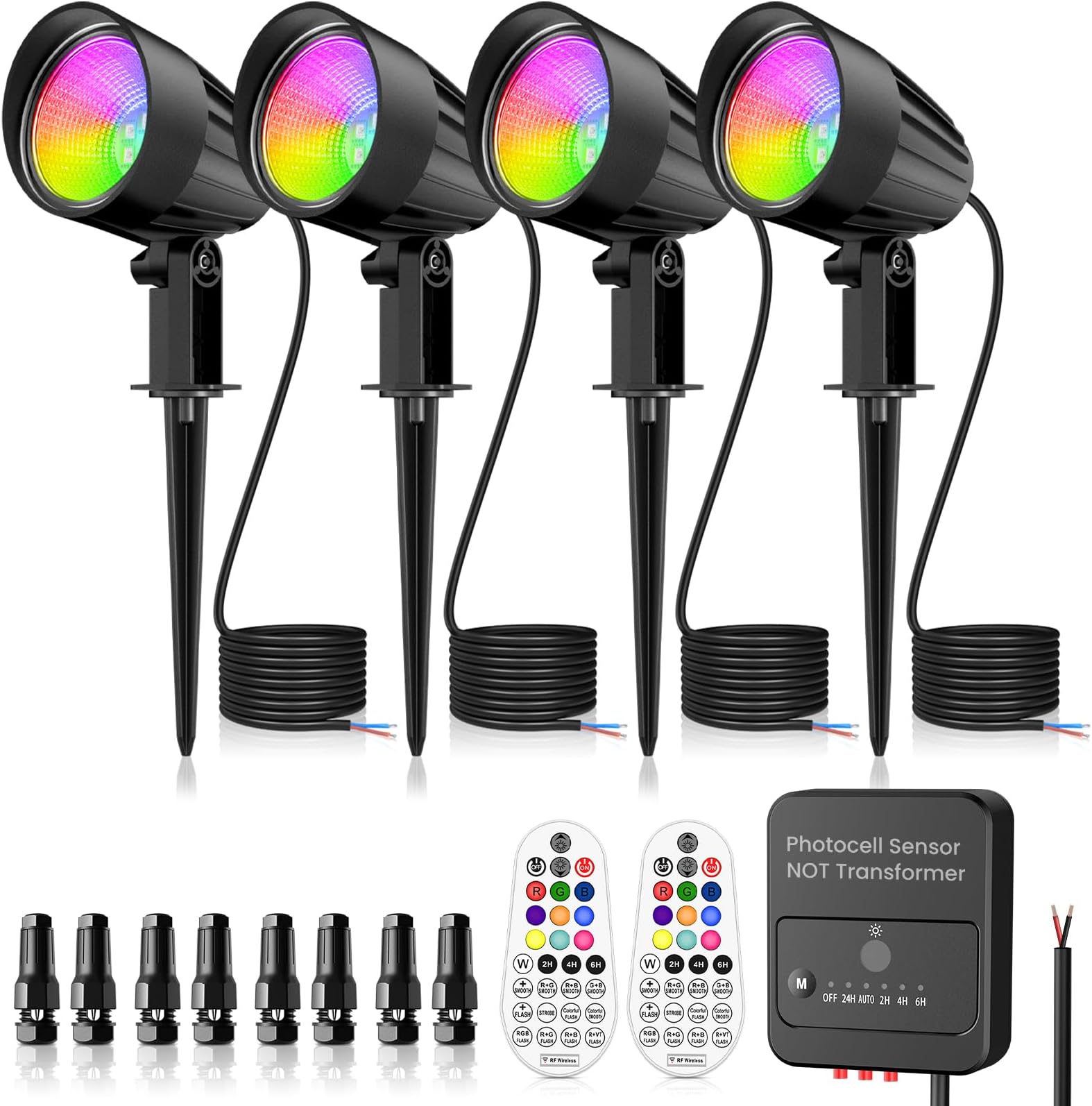 ZZXX 15W RGBW Low Voltage Landscape Lighting Color Changing Spotlight Outdoor IP66 Waterproof LED Landscape Light Photocell Sensor with Remote Control for House Garden Yard Tree (AC/DC 12V-24V,4 Pack)