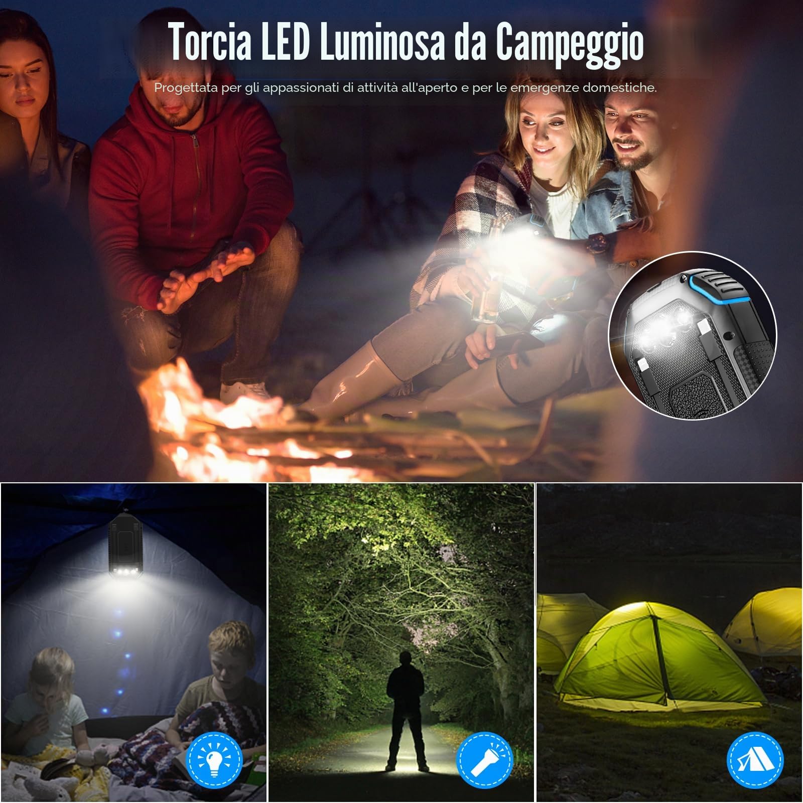 Power Bank Wireless Solar 26800mAh con 3 Cavi, Solar Powerbank USB-C 15W Ricarica Rapida 4 Uscite 3 Ingressi per Telefono Cellulare Caricatore Solare Esterno Batteria con Torcia